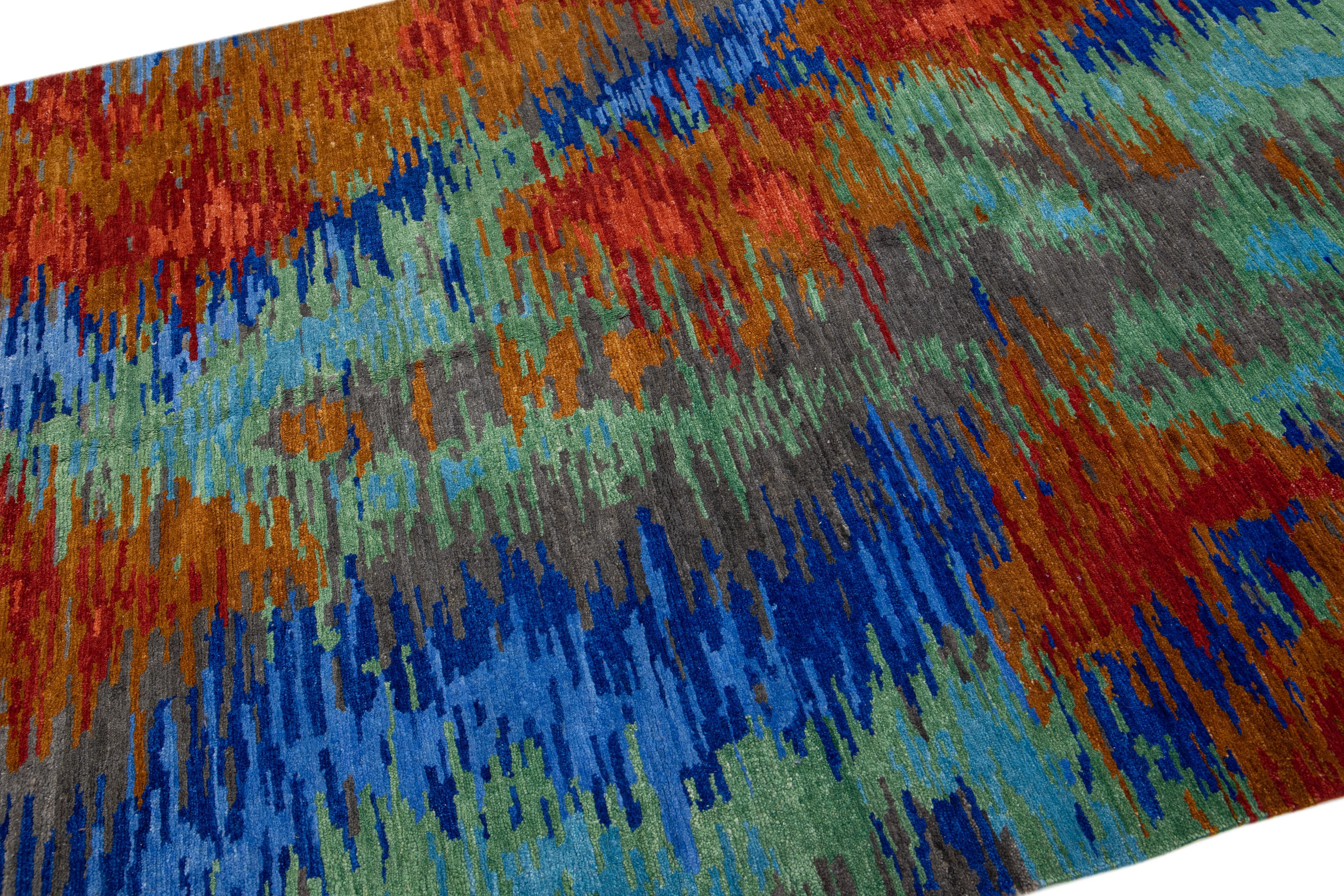 Hand-Knotted Modern Tibetan Handmade Wool & Silk Rug with Multicolor Abstract Design For Sale