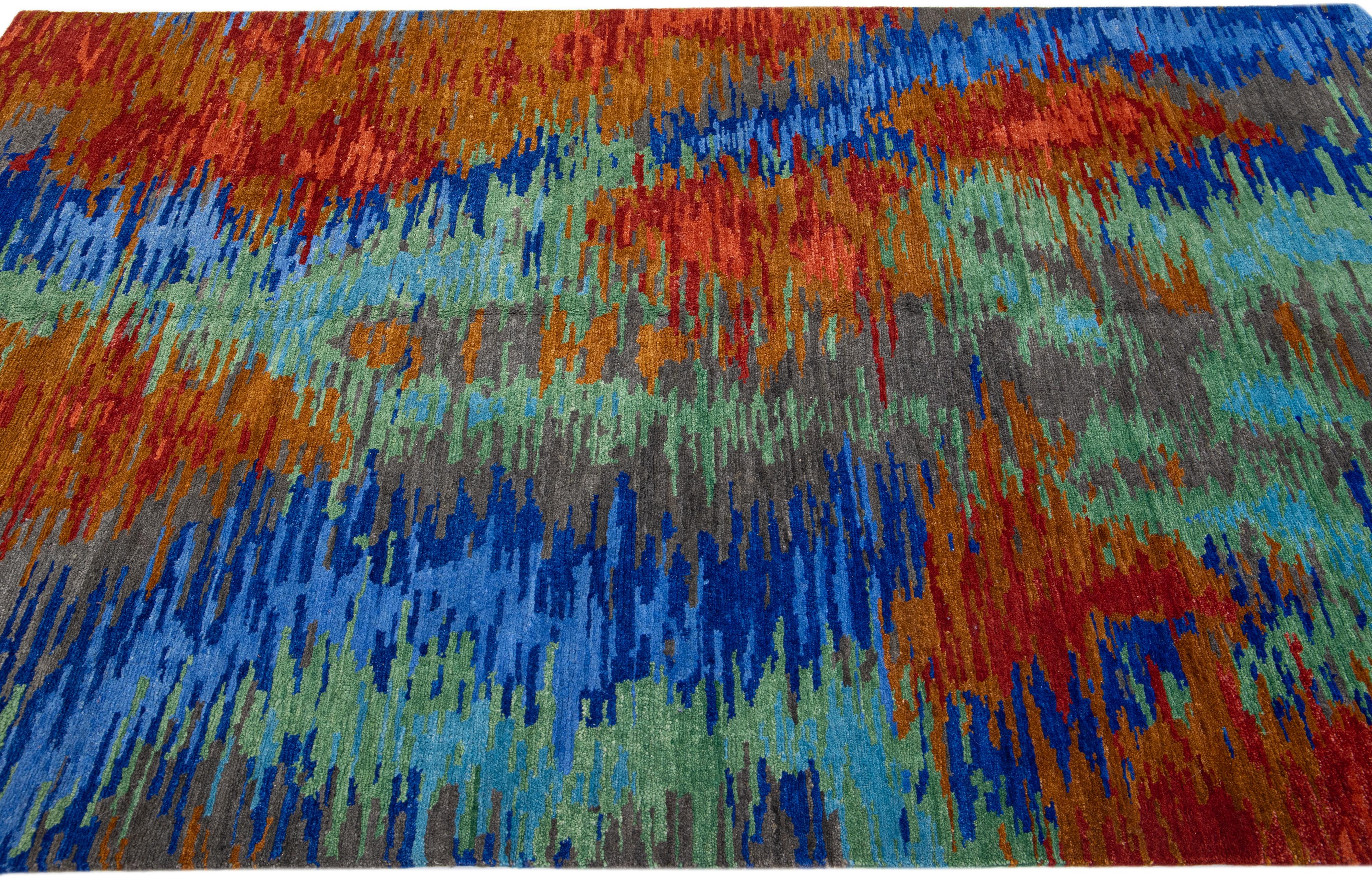 Modern Tibetan Handmade Wool & Silk Rug with Multicolor Abstract Design In New Condition For Sale In Norwalk, CT