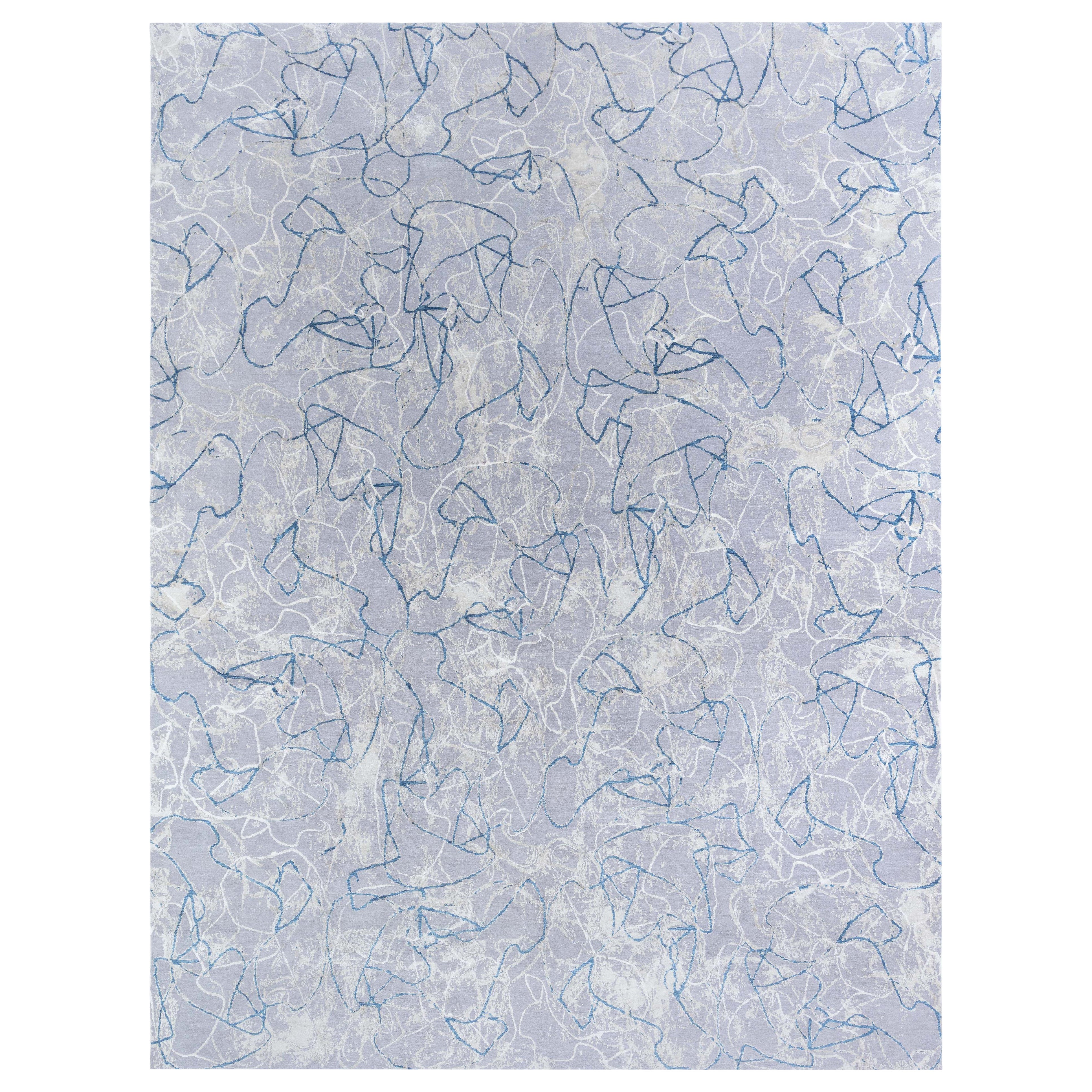 Moderner Tibetischer Tinte Ondulationen Handgeknüpfter Teppich aus Wolle und Seide von Doris Leslie Blau im Angebot
