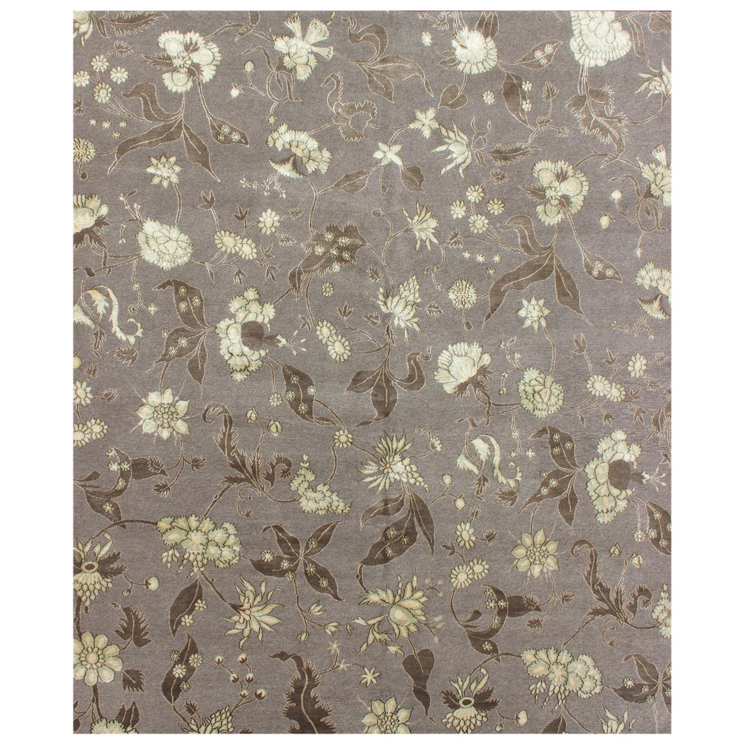 Modern Tibetan/Nepalese Wool and Silk Rug with All-Over Design with Flowers For Sale