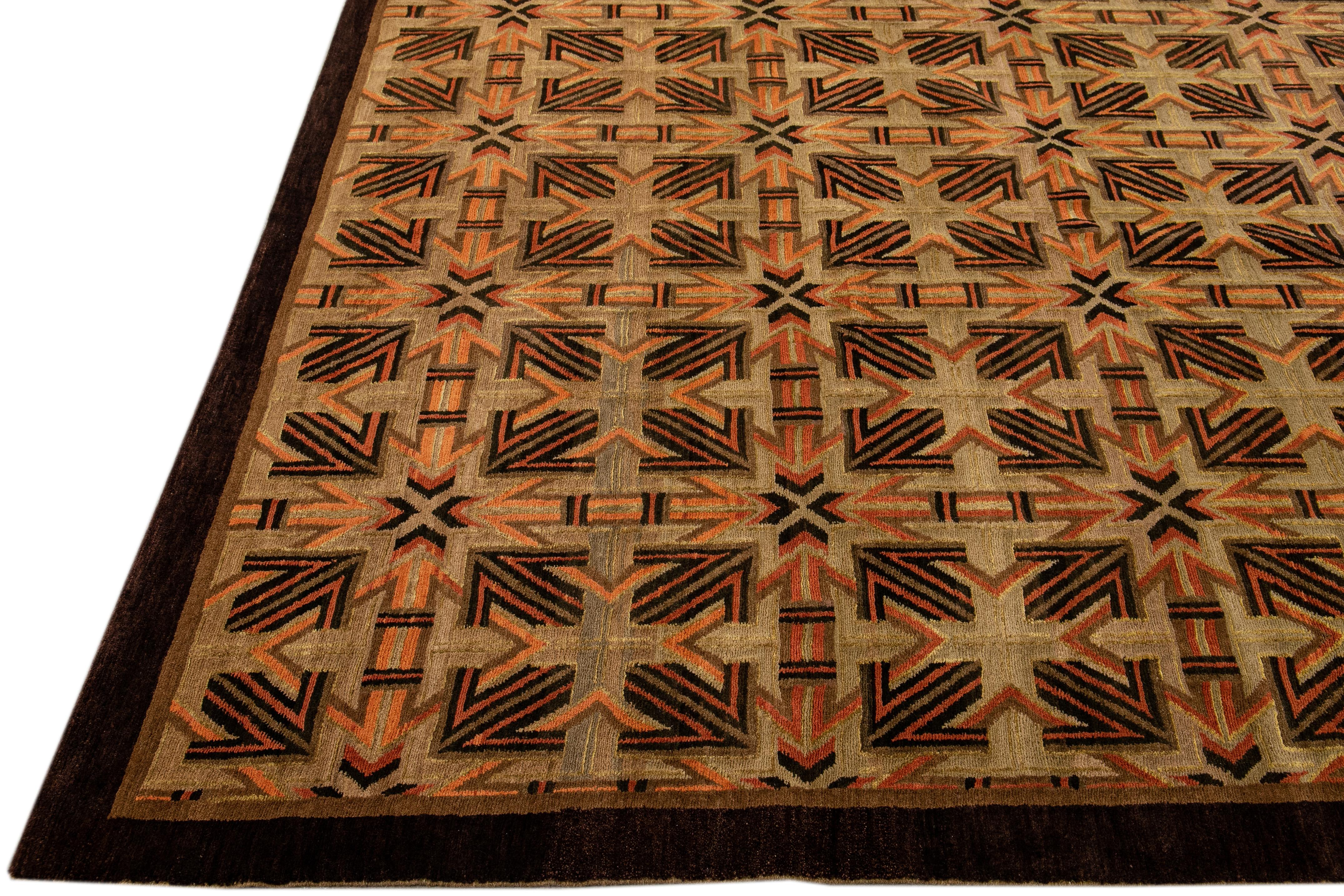 Modern Tibetan Ningxia Style Handmade Geometric Pattern Brown Wool and Silk Rug In New Condition For Sale In Norwalk, CT