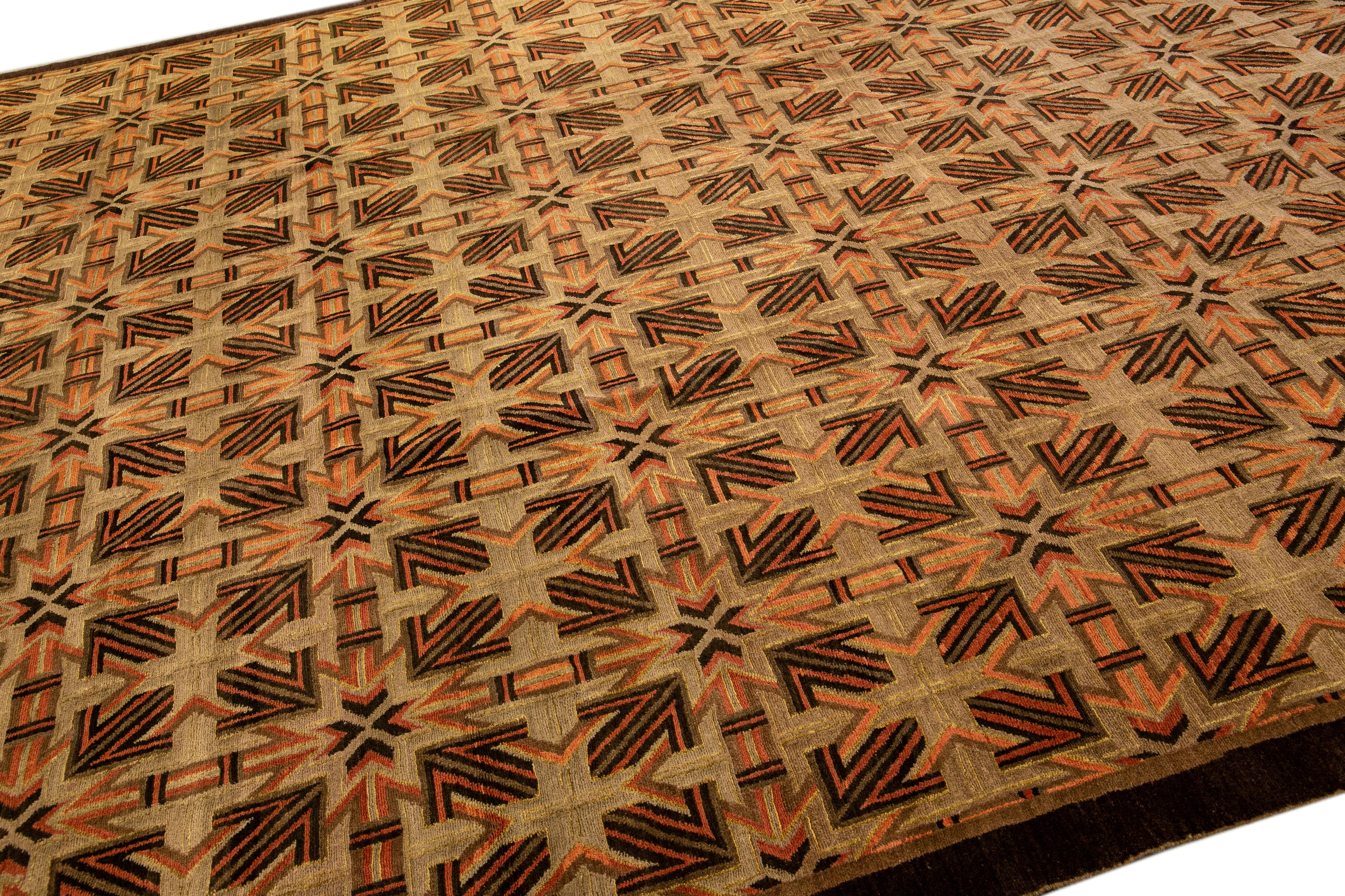 Contemporary Modern Tibetan Ningxia Style Handmade Geometric Pattern Brown Wool and Silk Rug For Sale