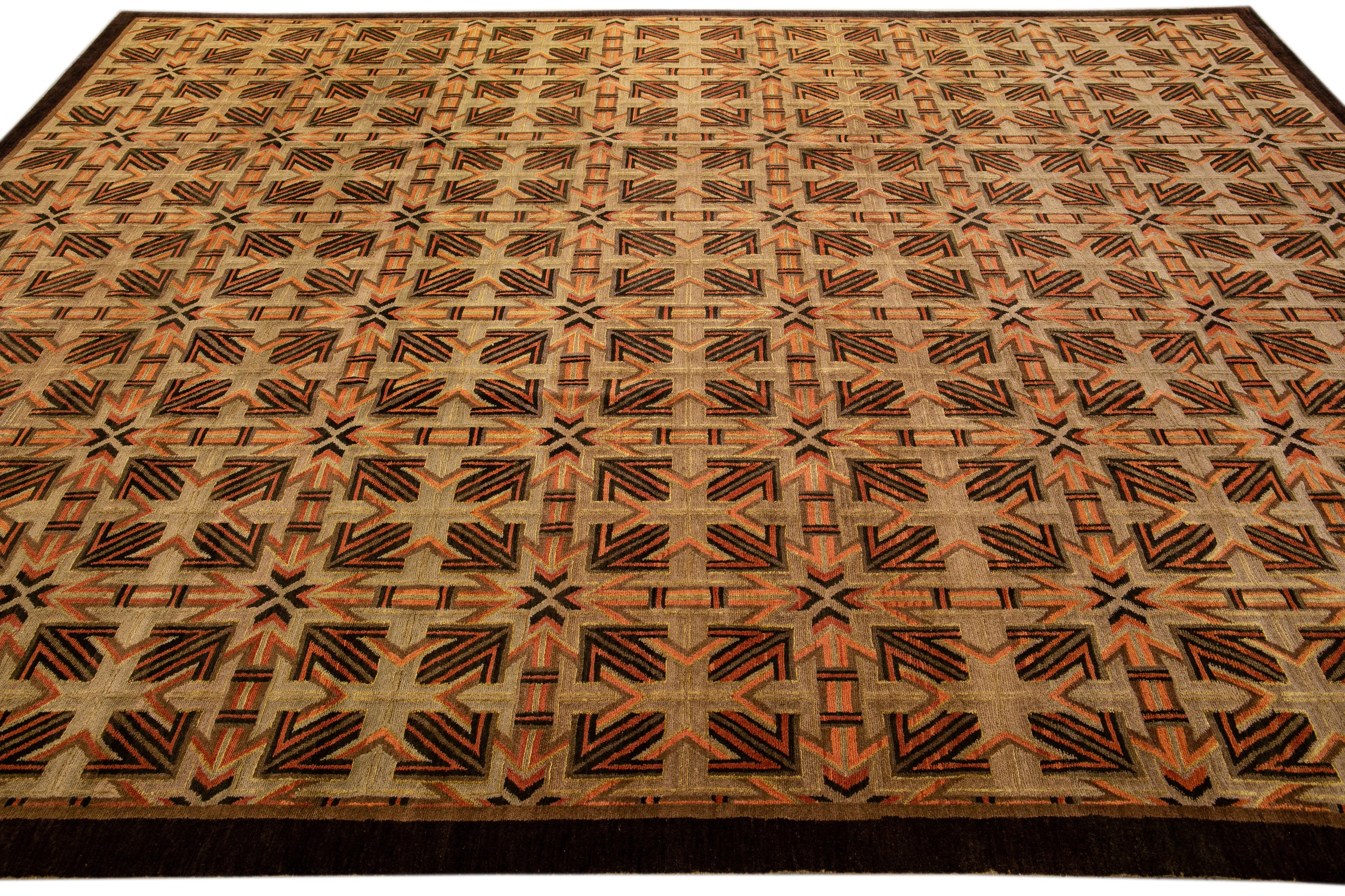 Modern Tibetan Ningxia Style Handmade Geometric Pattern Brown Wool and Silk Rug For Sale 1