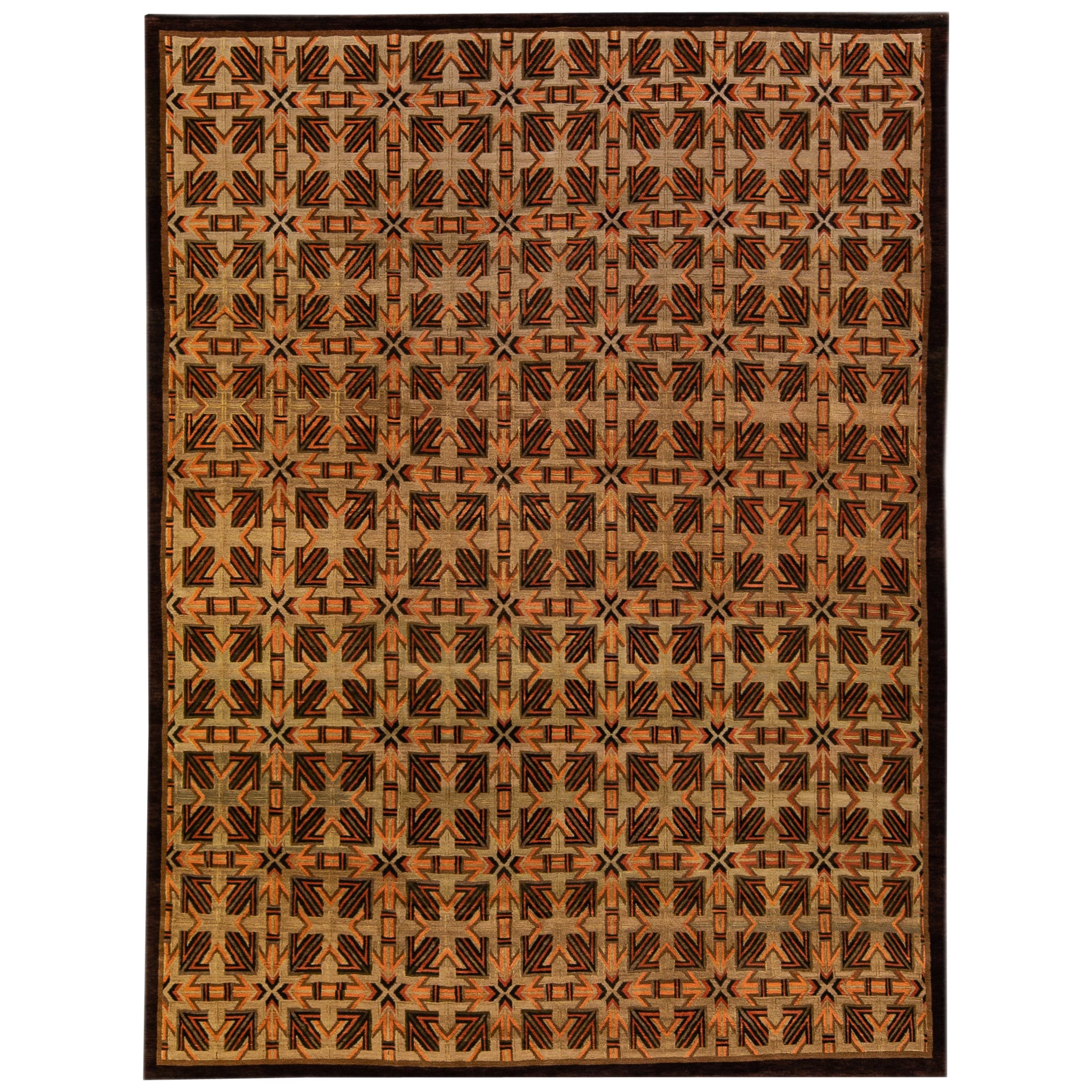 Tapis moderne tibétain de style Ningxia en laine et soie marron à motifs géométriques, fait à la main