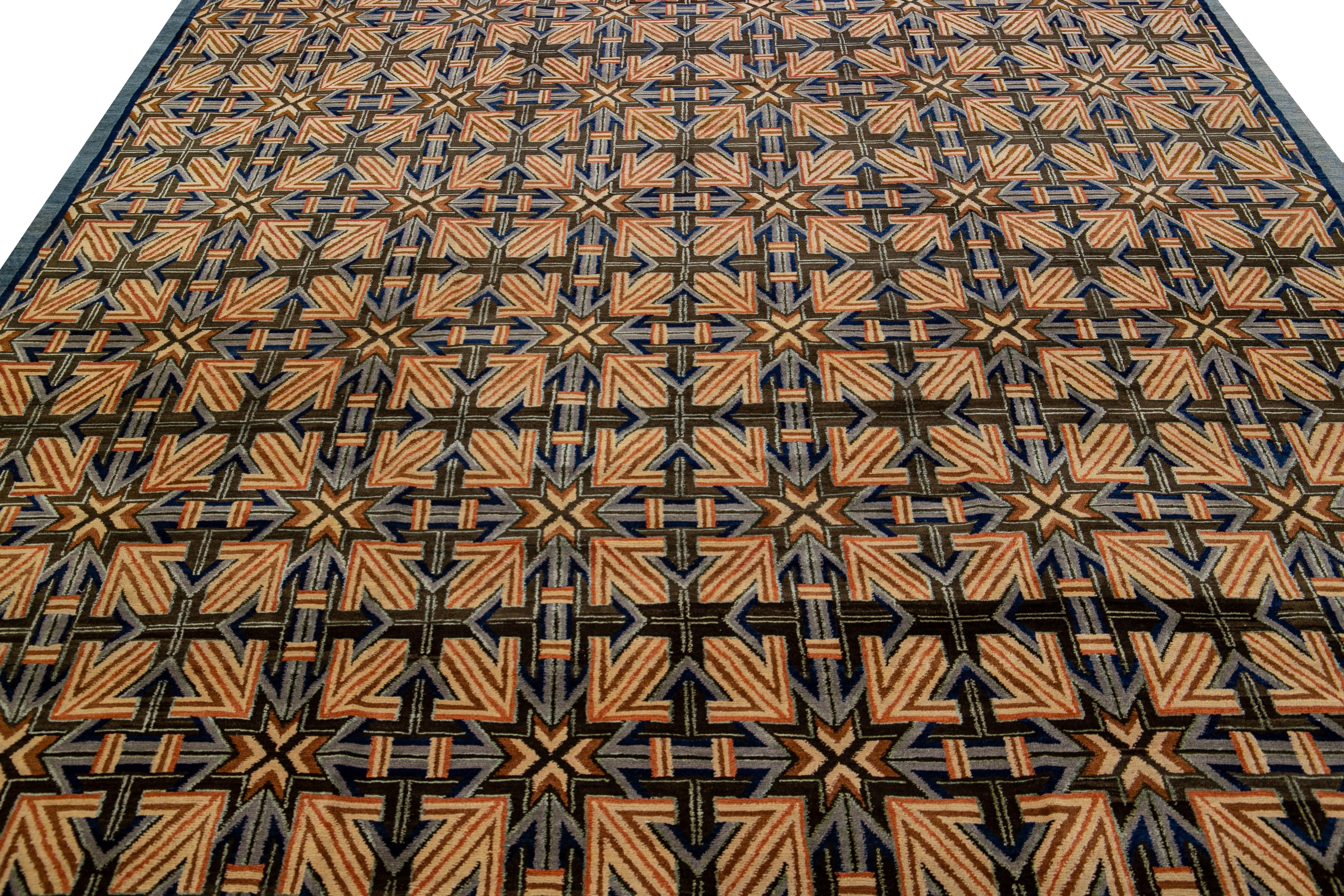 Tibétain Tapis moderne tibétain de style Ningxia en laine et soie à motifs géométriques, fait à la main en vente