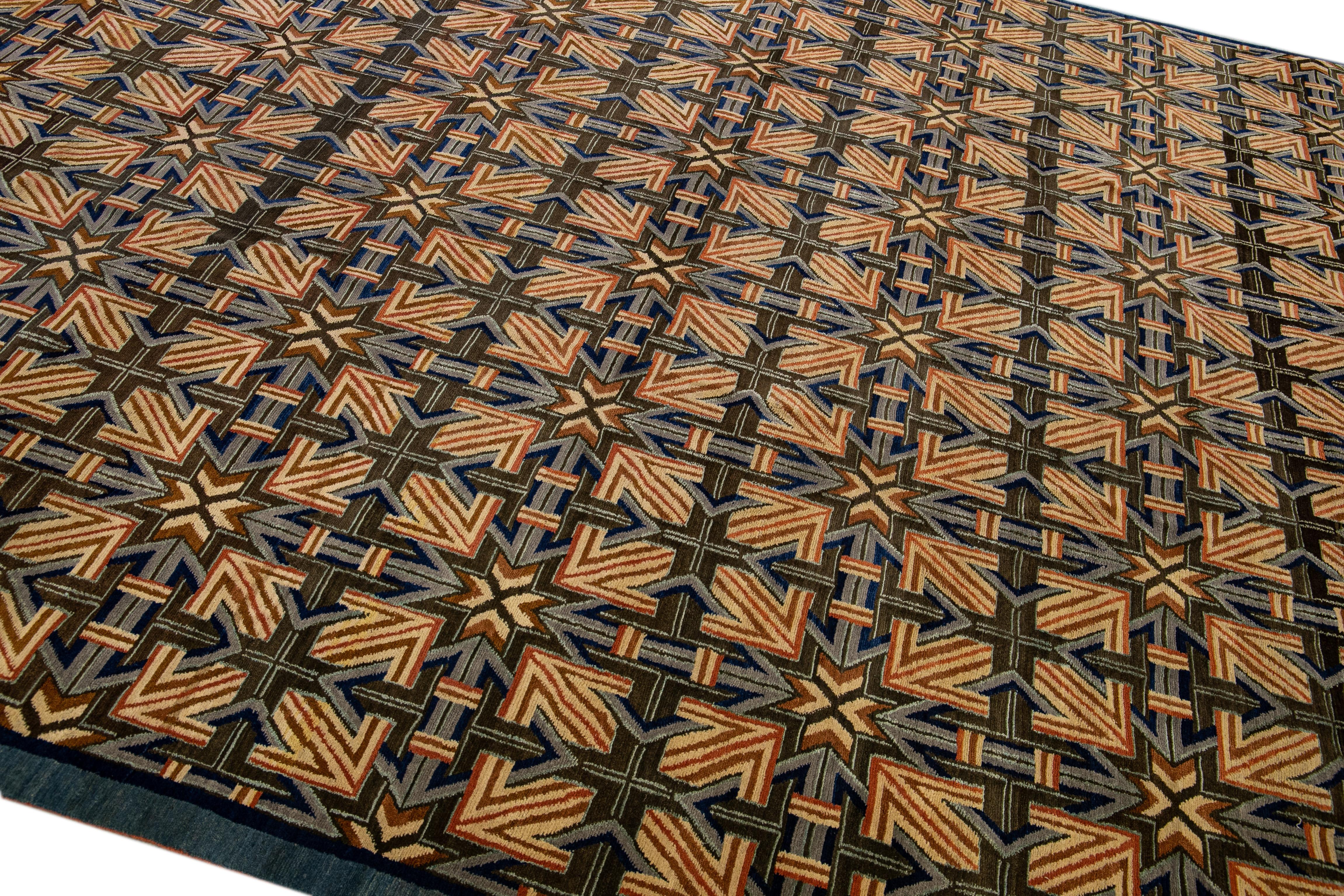 XXIe siècle et contemporain Tapis moderne tibétain de style Ningxia en laine et soie à motifs géométriques, fait à la main en vente