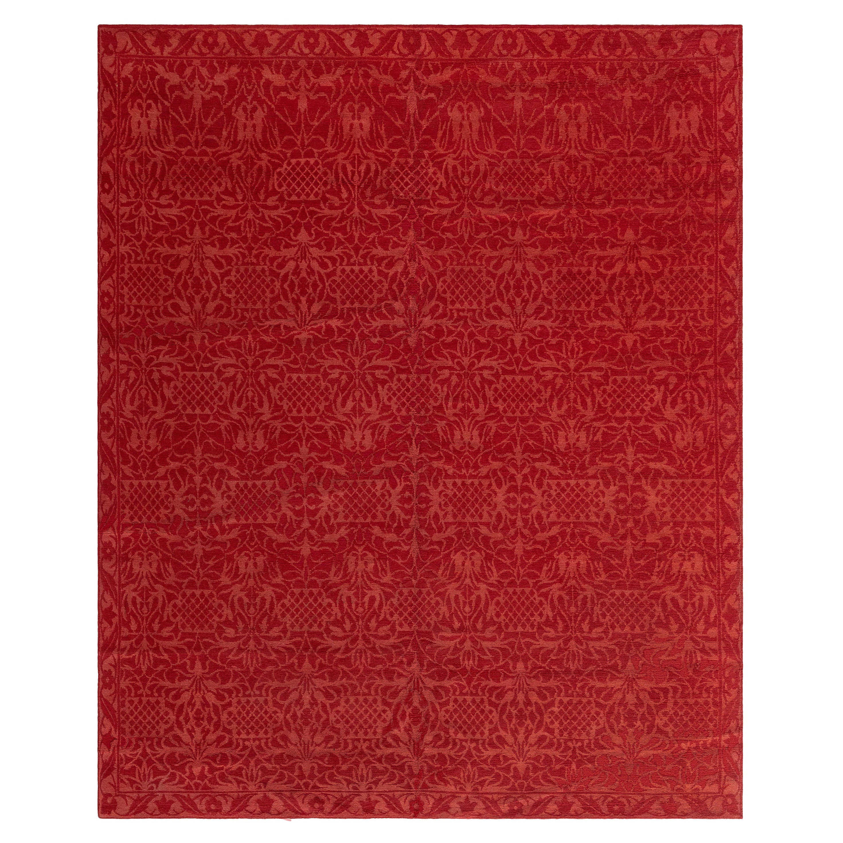 Tapis moderne tibétain rouge à fleurs en laine fait à la main par Doris Leslie Blau