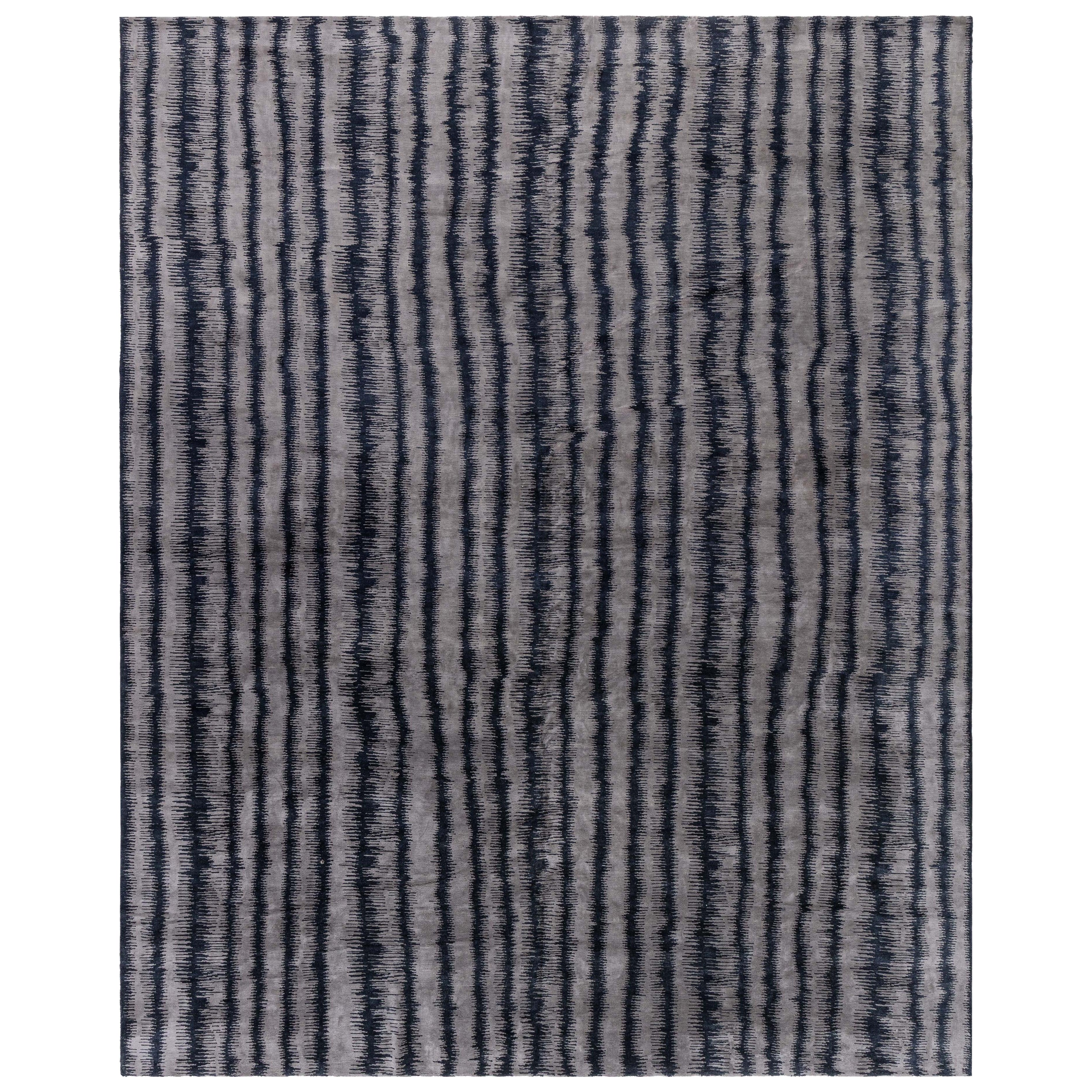 Modern Tibetan Silk “Car Wash” Striped Rug in Blue and Gray by Doris Leslie Blau For Sale