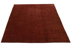 Modern Tibetan Wool and Silk Rug In Burgundy Color with Striped Design