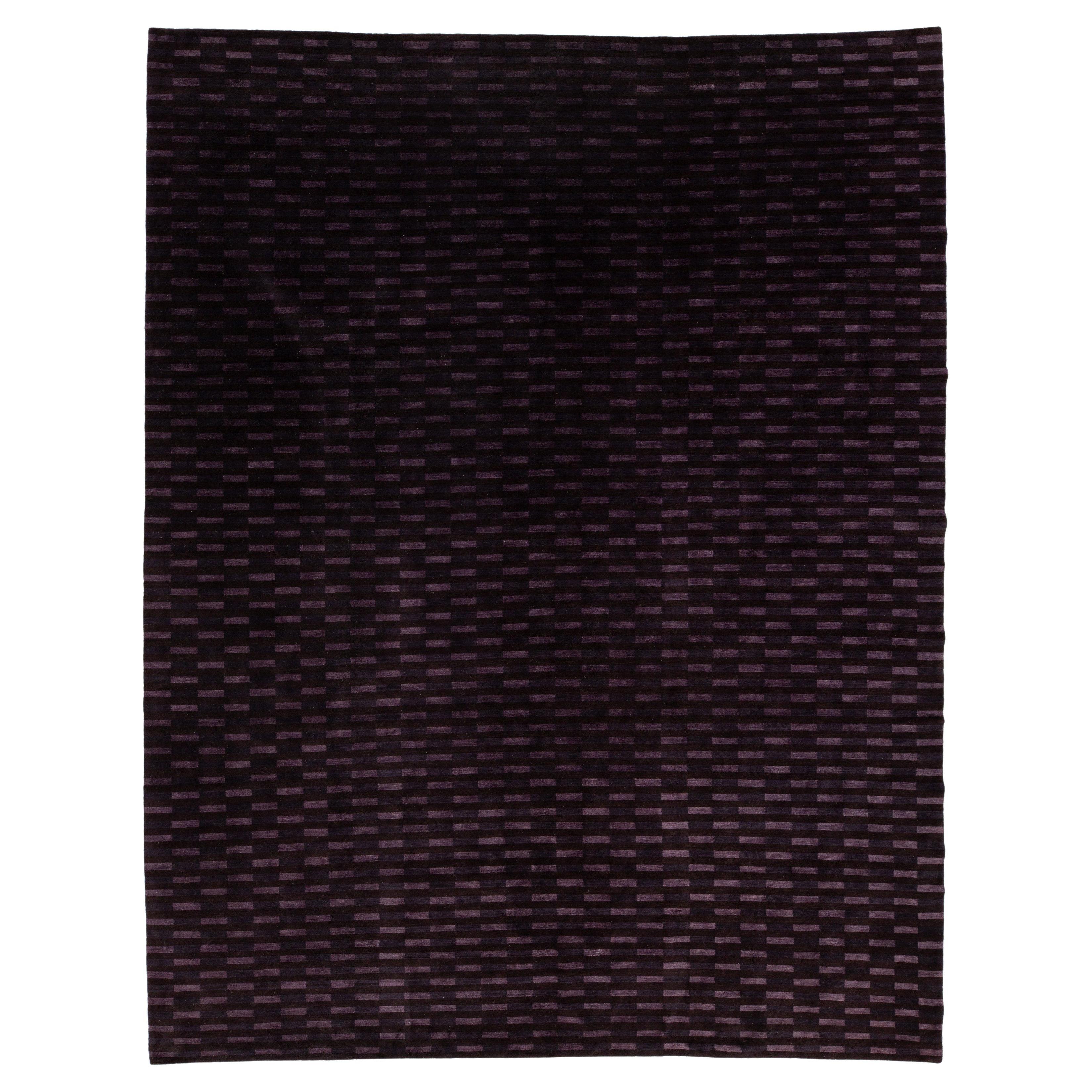 Modern Tibetan Wool and Silk Rug in Deep Plum, Minimalist Geometric Design