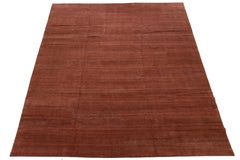 Modern Tibetan Wool and Silk Rug In Terracotta Featuring a Stripe Pattern