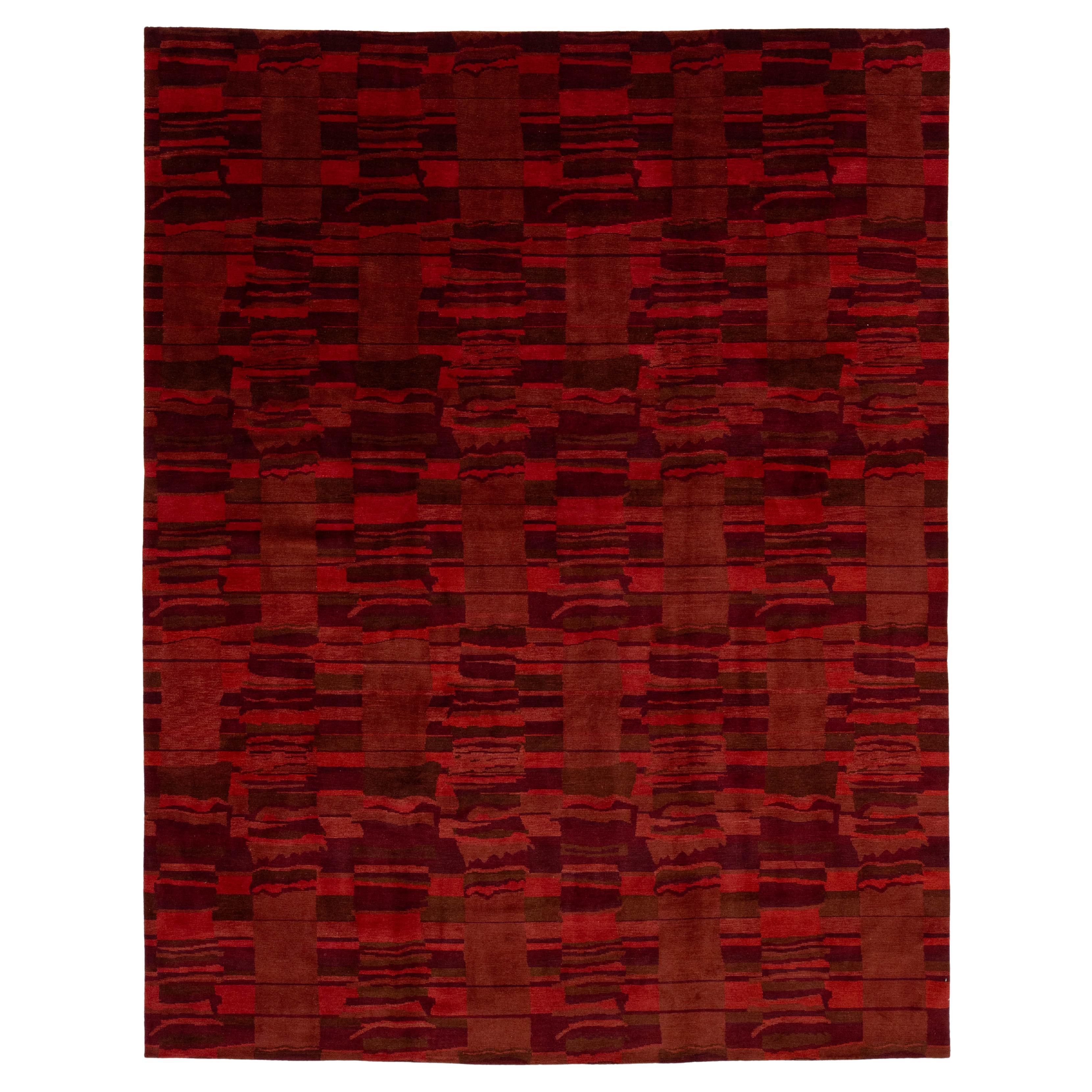 Moderne tibetische Wolle & Seide Zimmer Größe Teppich in rot mit abstrakten Design im Angebot