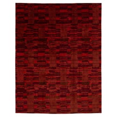 Modern Tibetan Wool & Silk Room Size Rug In Red With Abstract Design