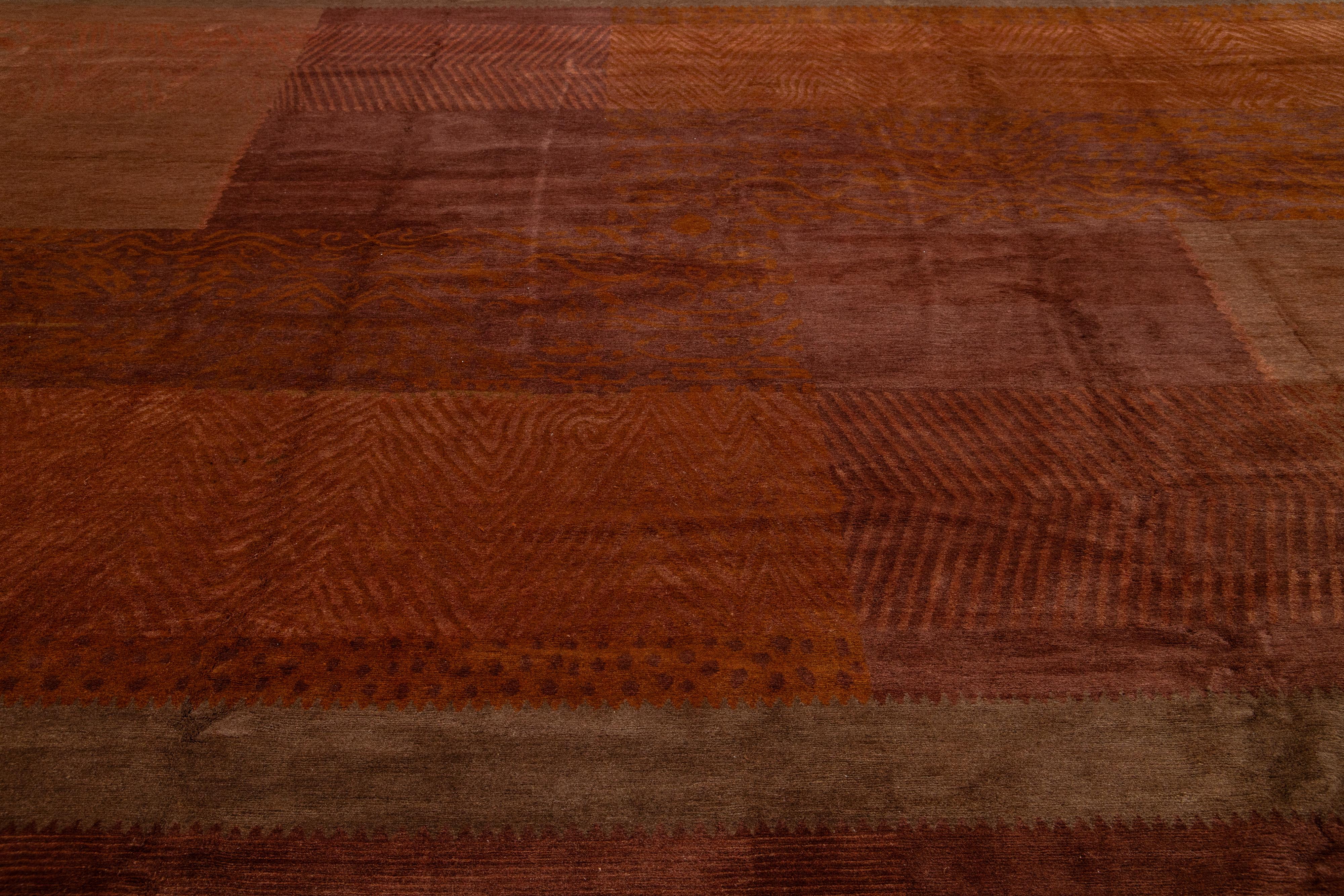 Contemporary Modern Tibetan Wool & Silk Rug With Geometric Pattern In Rust Color For Sale
