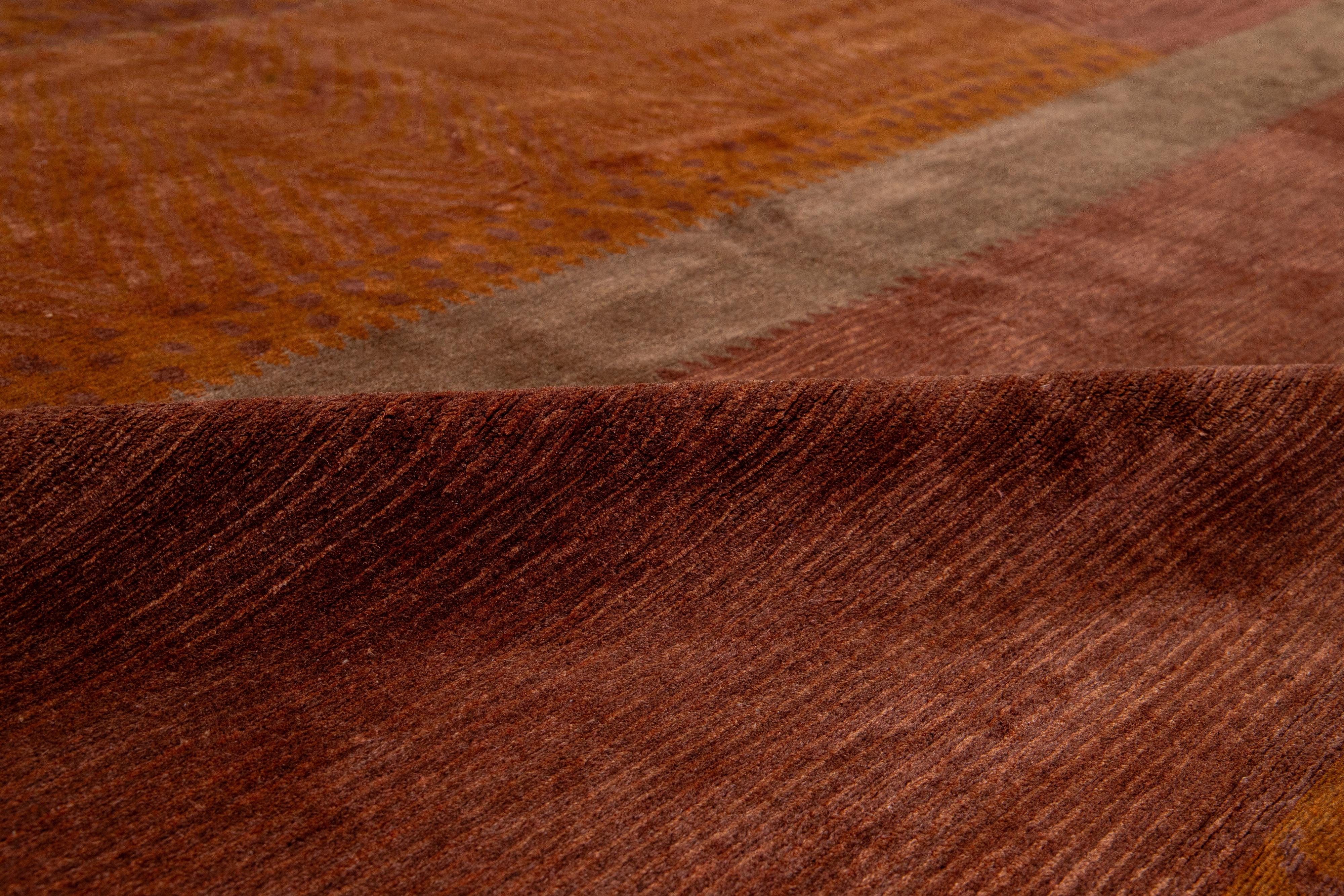 Modern Tibetan Wool & Silk Rug With Geometric Pattern In Rust Color For Sale 1