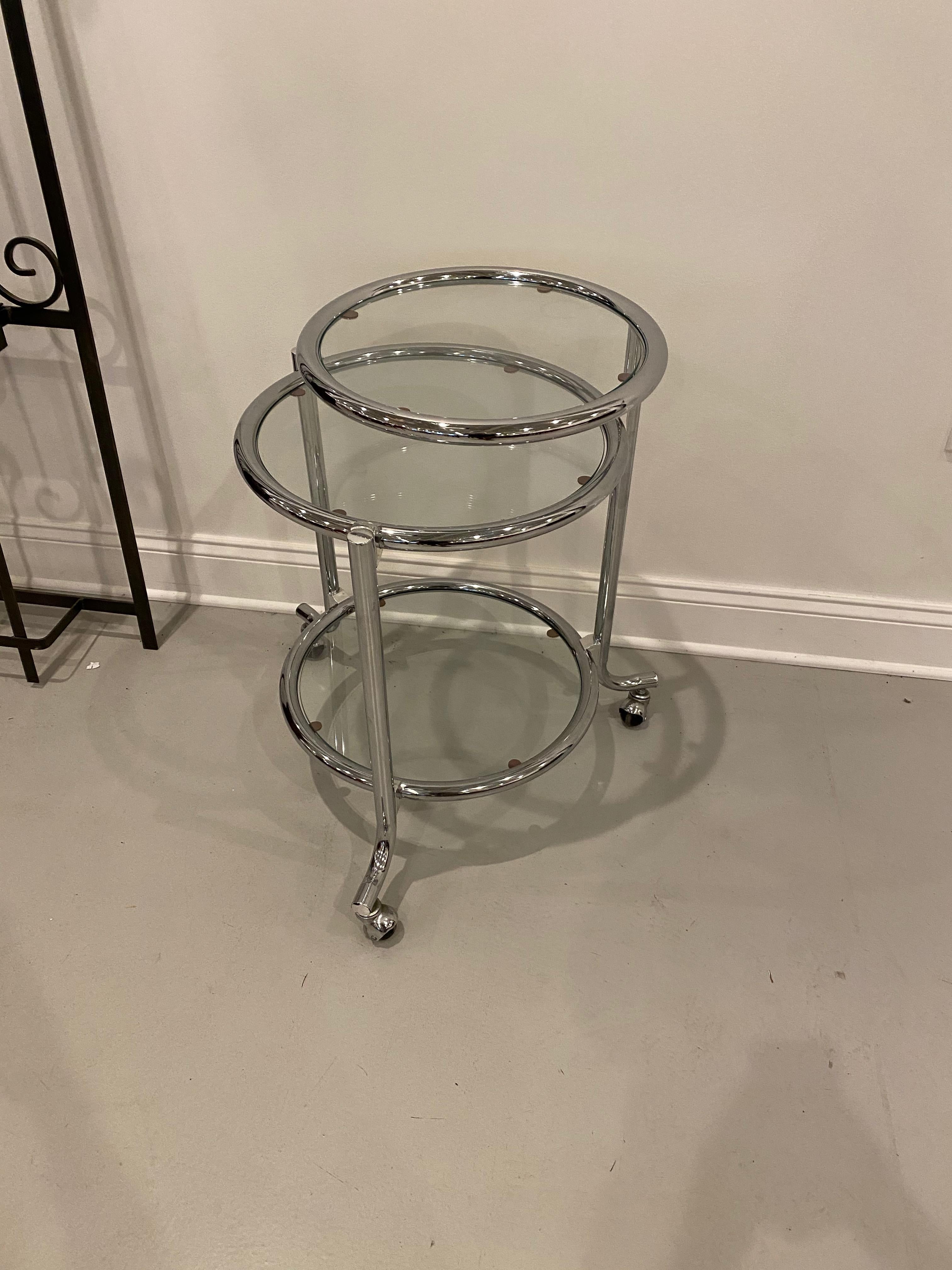 Modern Tiered Chrome Glass Side Table In Excellent Condition In North Bergen, NJ