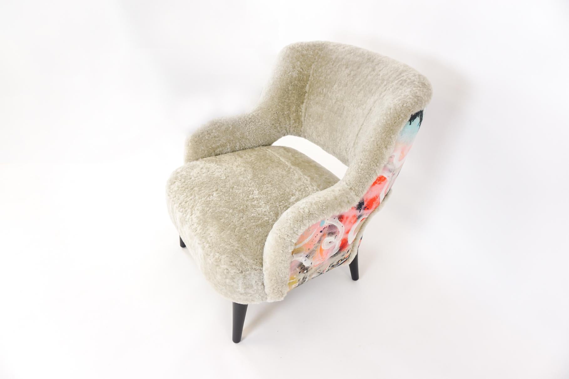 American Modern Tight Seat Club Chair in Shearling and Graffiti Print and Lacquer Legs For Sale