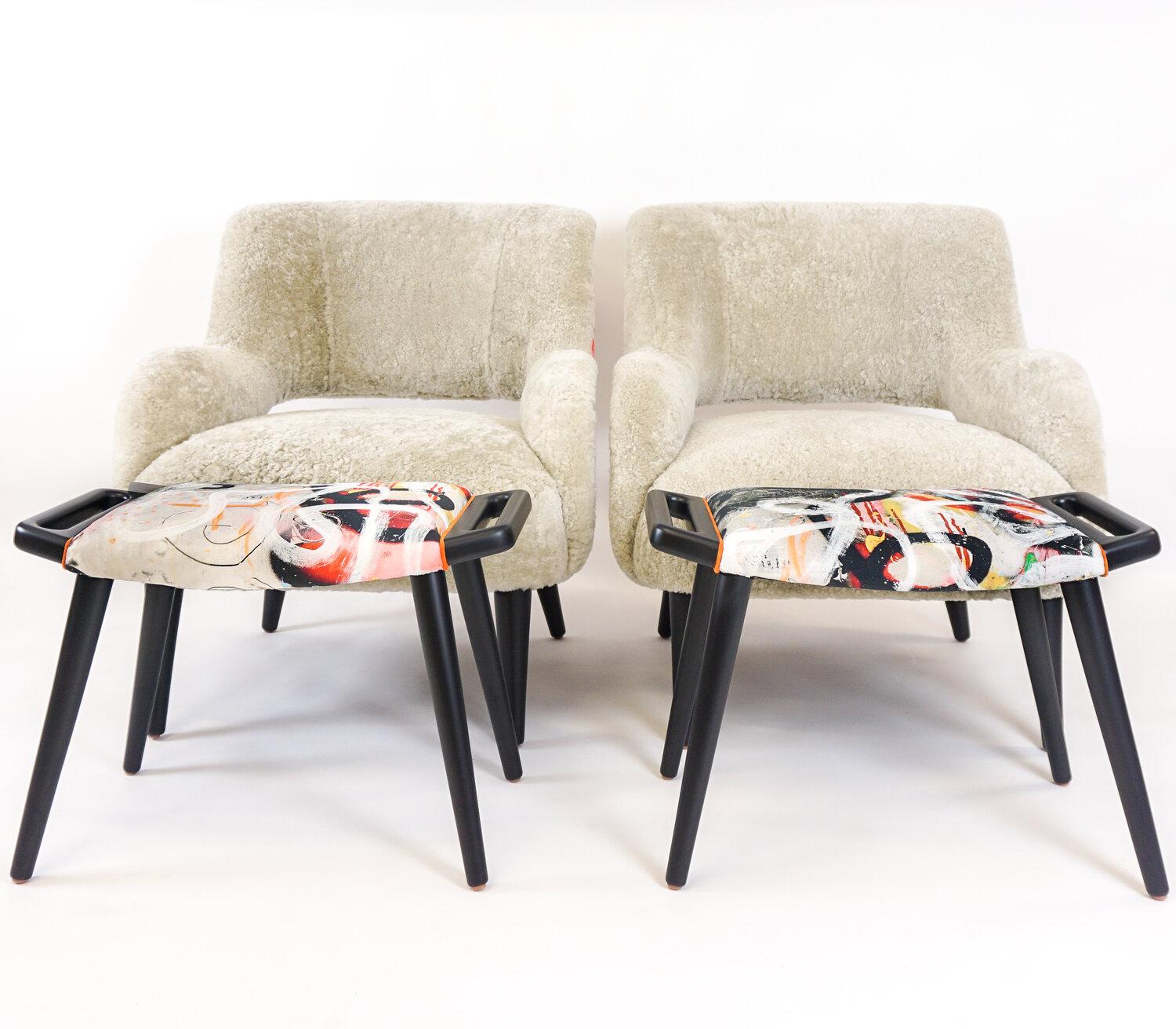 Maple Modern Tight Seat Club Chair in Shearling and Graffiti Print and Lacquer Legs For Sale