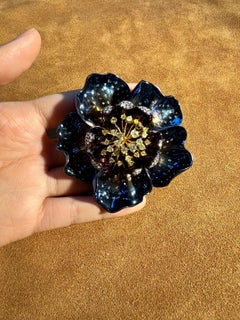 Modern Titanium and Diamond Floral Brooch with Iridescent Blue Petals
