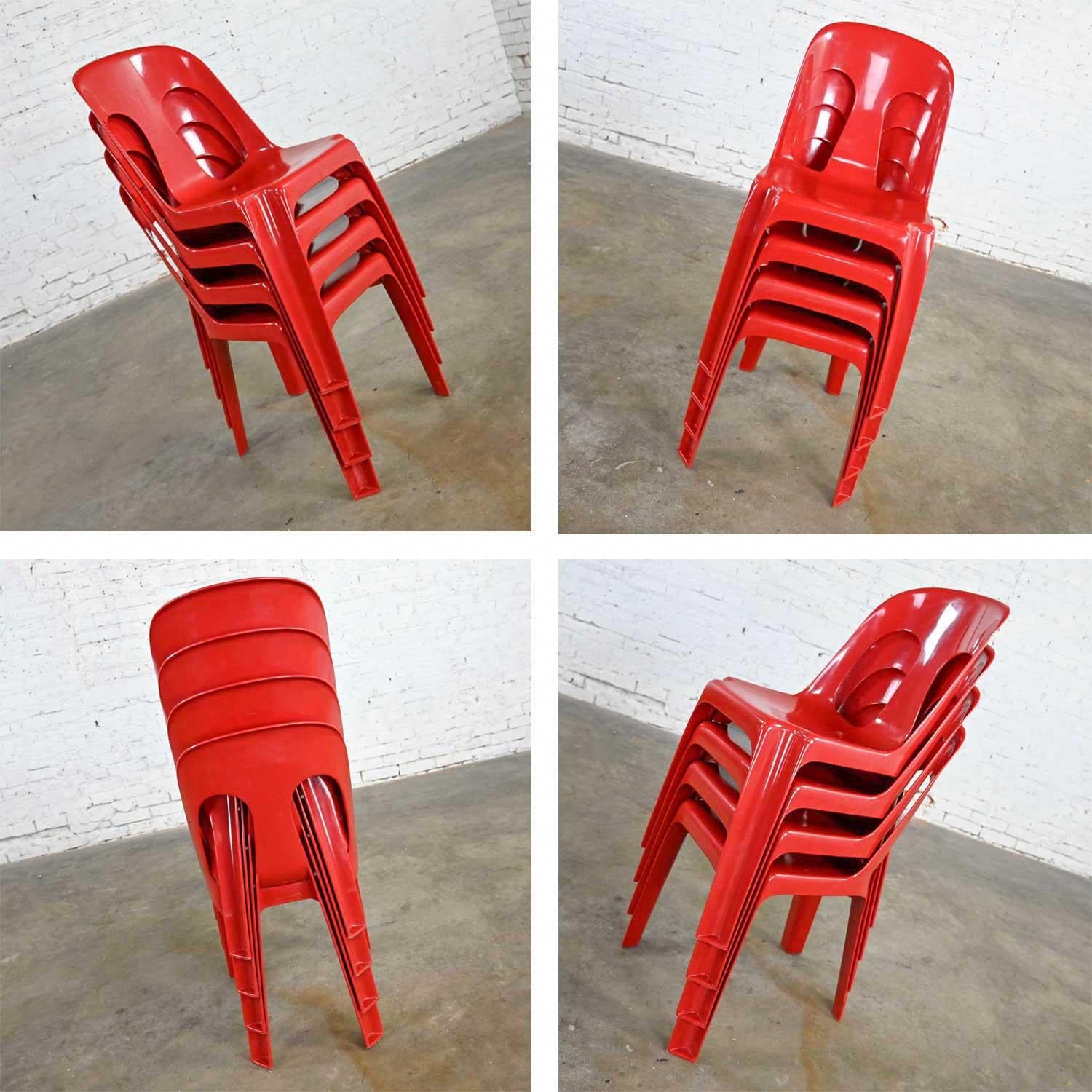 Modern to Post Modern Henry Massonnet Red Plastic Stacking Chairs Set of 4 2