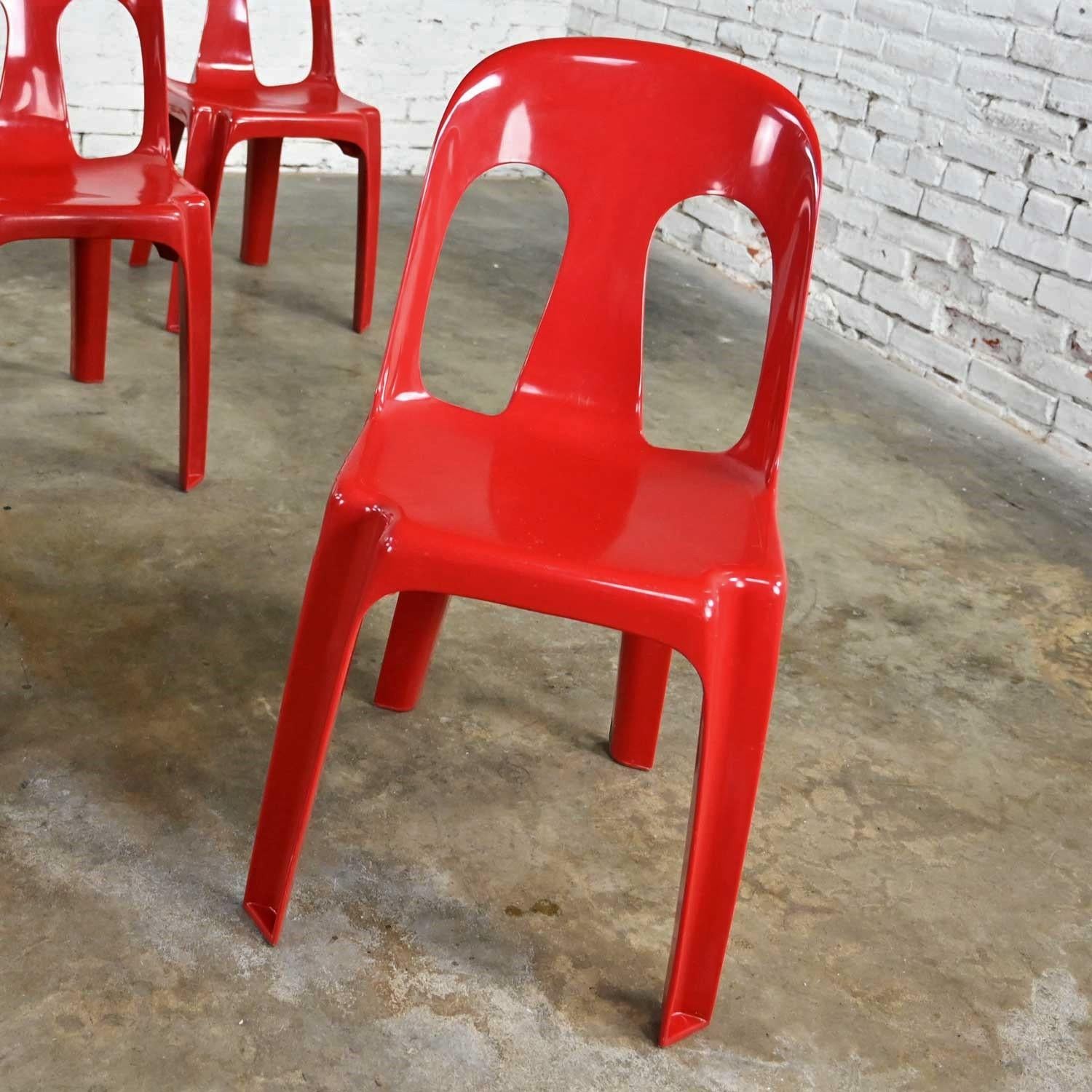 Modern to Post Modern Henry Massonnet Red Plastic Stacking Chairs Set of 4 3