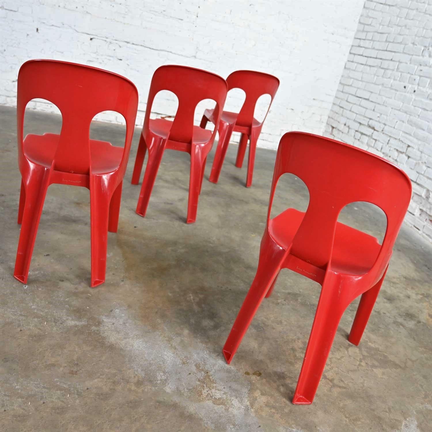Molded Modern to Post Modern Henry Massonnet Red Plastic Stacking Chairs Set of 4