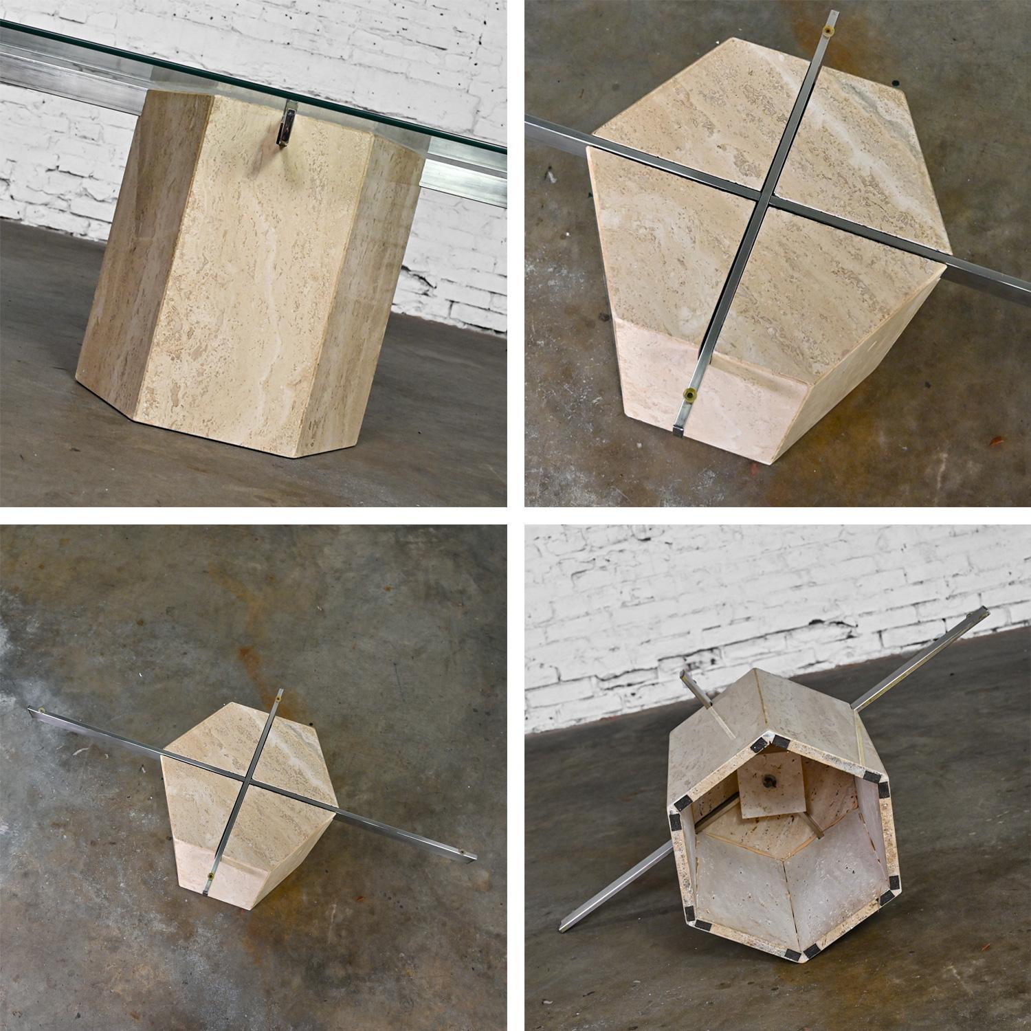 Modern to Postmodern Coffee Table Travertine Hexagon Base Glass Rectangle Top For Sale 8