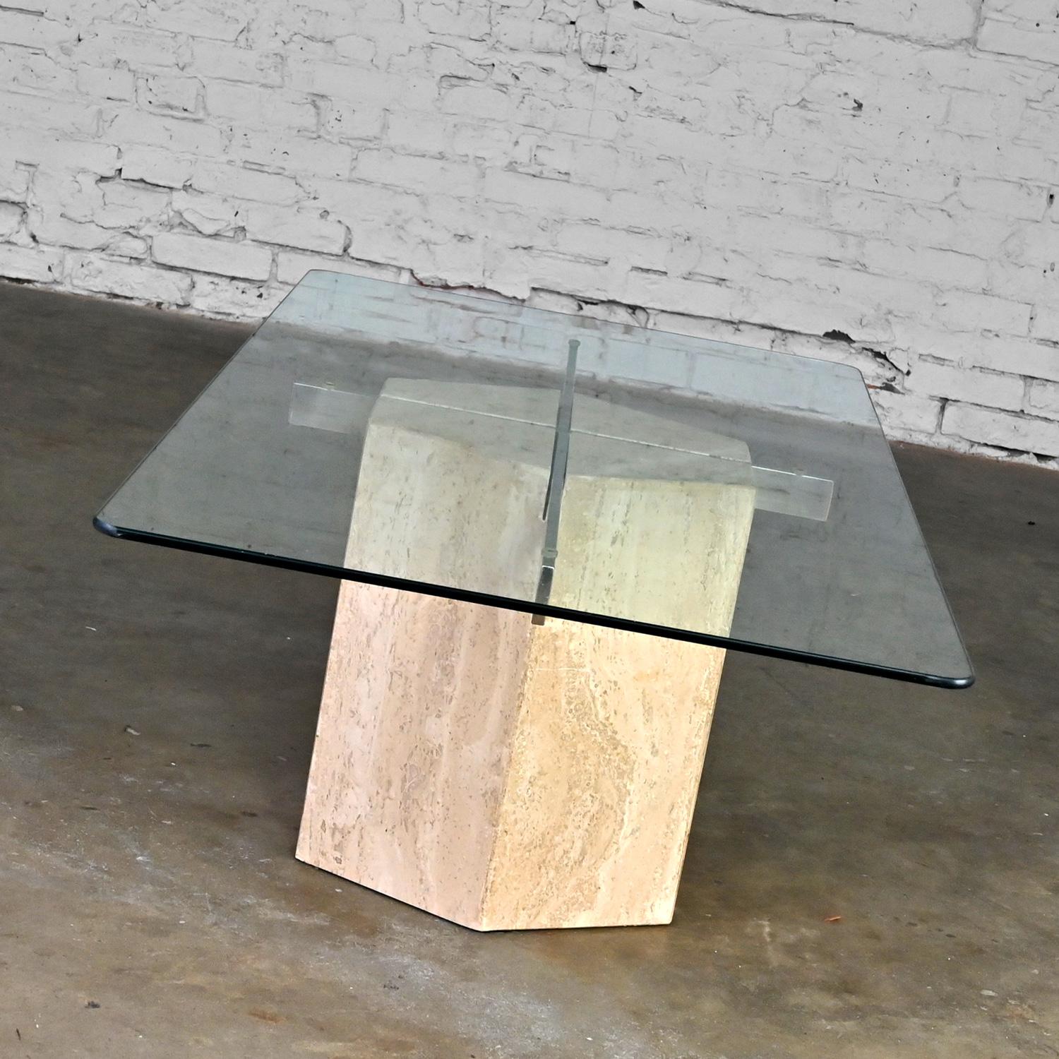Modern to Postmodern Coffee Table Travertine Hexagon Base Glass Rectangle Top For Sale 10