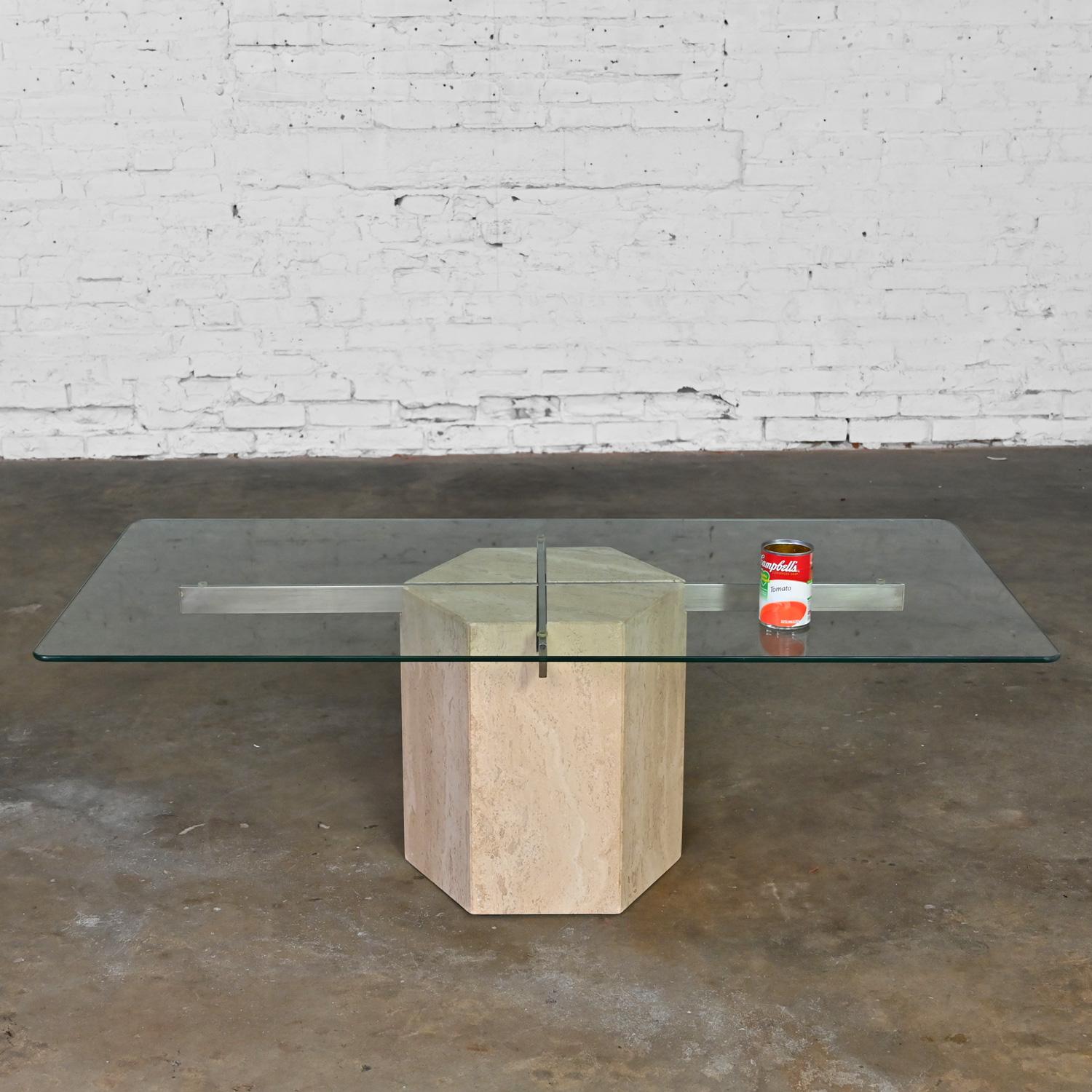Modern to Postmodern Coffee Table Travertine Hexagon Base Glass Rectangle Top For Sale 12