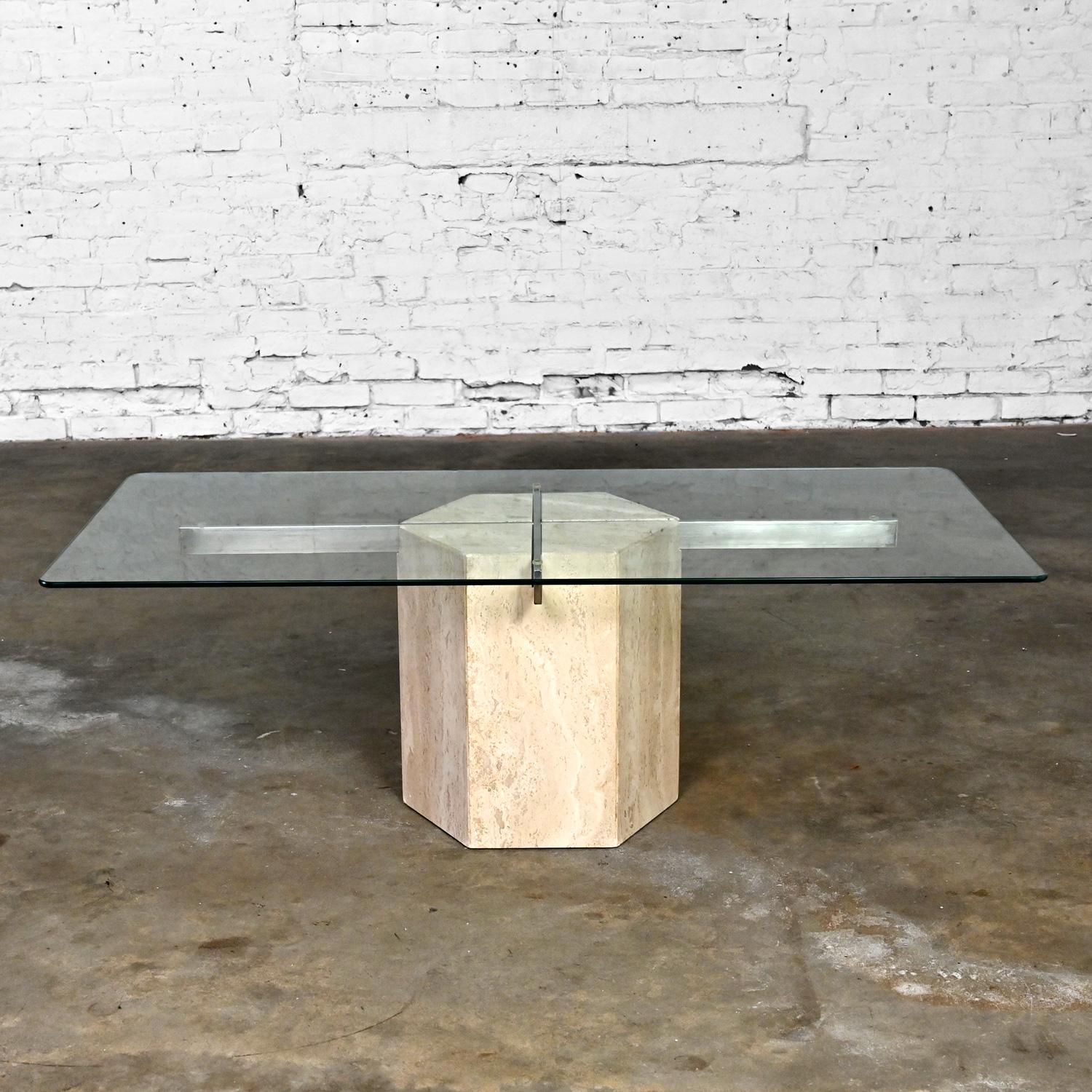 Modern to Postmodern Coffee Table Travertine Hexagon Base Glass Rectangle Top For Sale 13