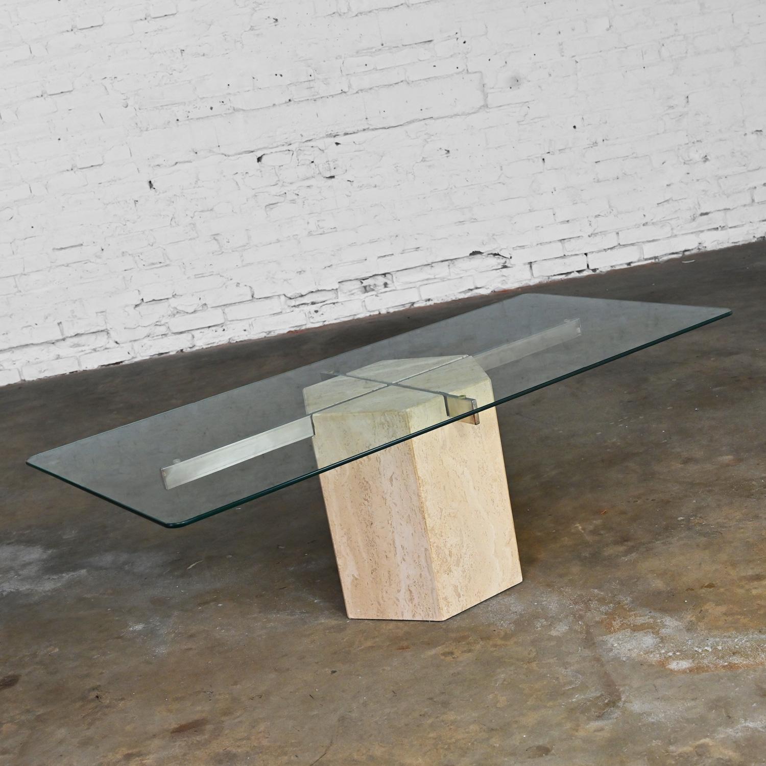 Modern to Postmodern Coffee Table Travertine Hexagon Base Glass Rectangle Top In Good Condition For Sale In Topeka, KS
