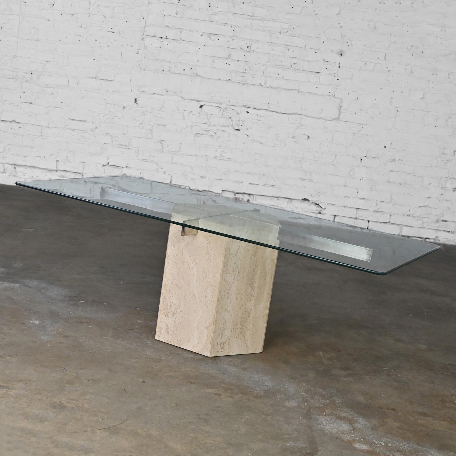 Metal Modern to Postmodern Coffee Table Travertine Hexagon Base Glass Rectangle Top For Sale