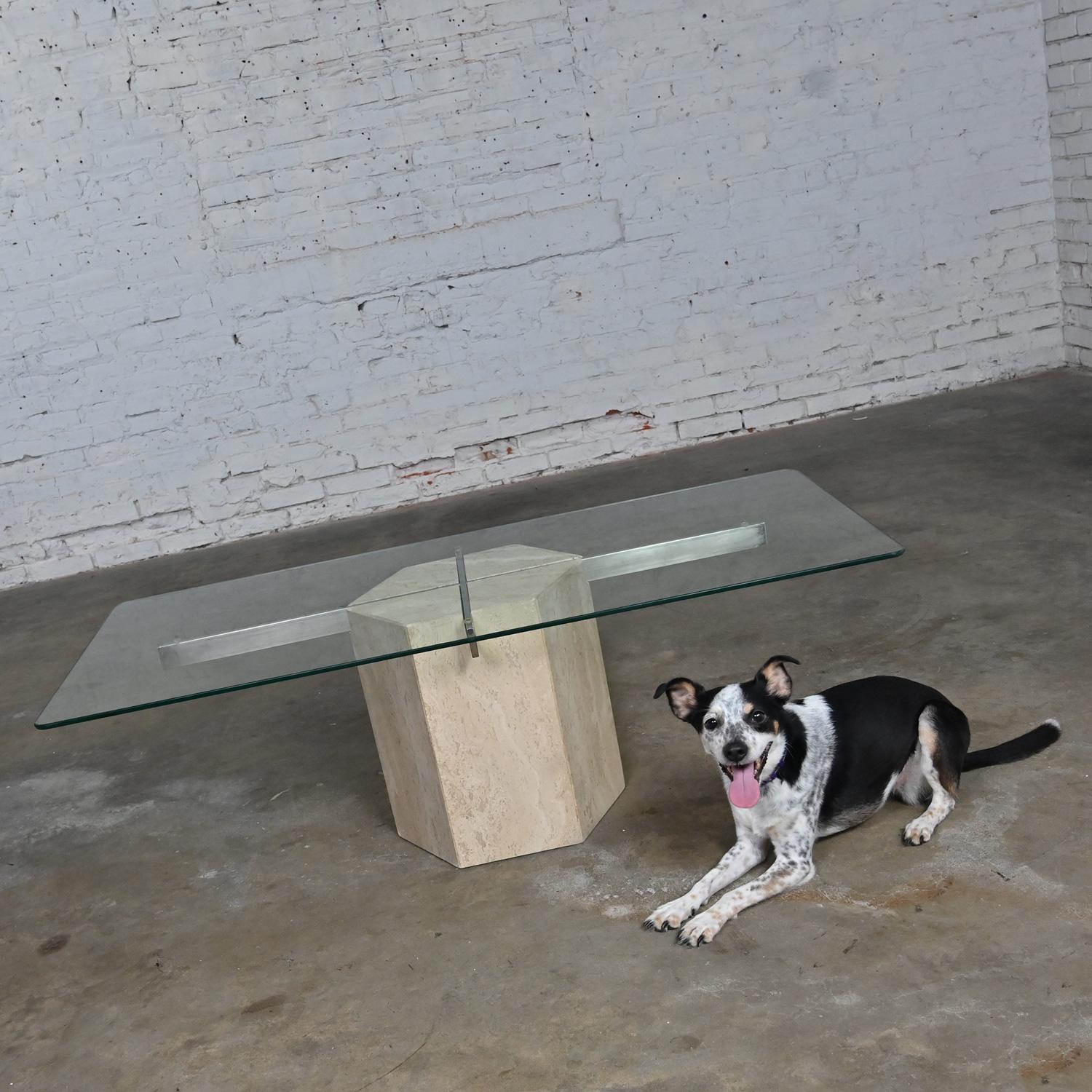 Modern to Postmodern Coffee Table Travertine Hexagon Base Glass Rectangle Top For Sale 1