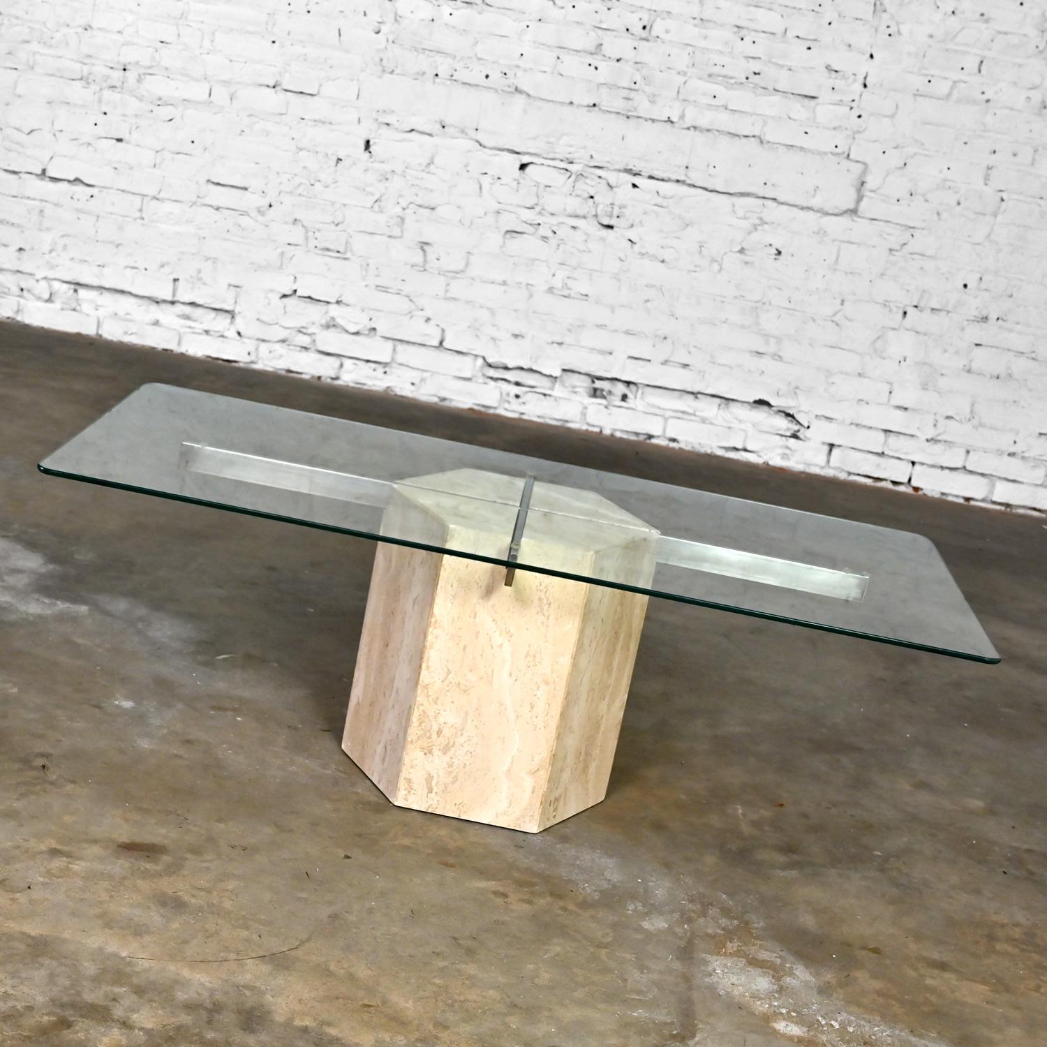 Modern to Postmodern Coffee Table Travertine Hexagon Base Glass Rectangle Top For Sale 2