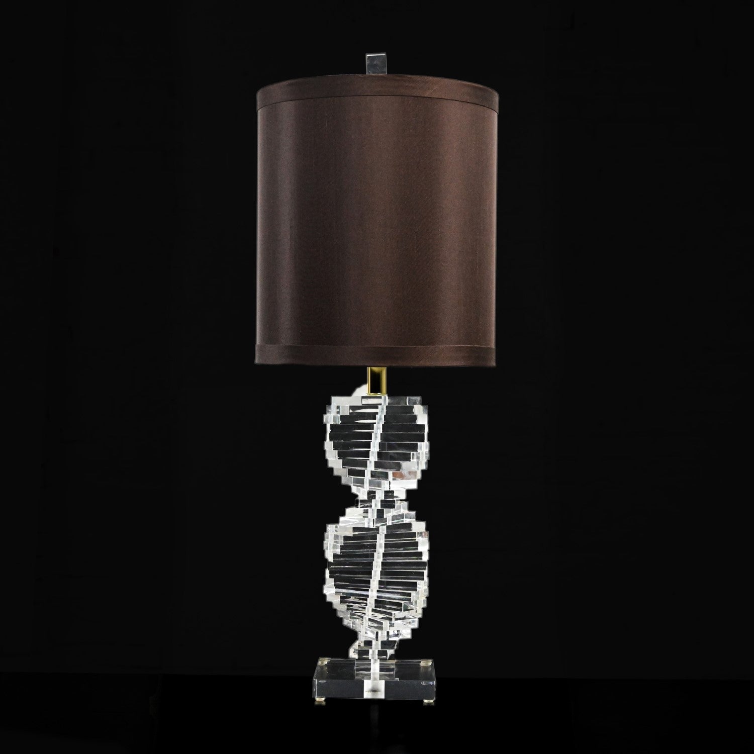 Plated Modern to Postmodern Helix Spiral Stacked Lucite Bauer Co Table Lamp w Shade For Sale
