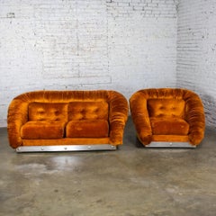Modern to Postmodern Low-Slung Love Seat & Chair Burnt Orange & Aluminum Detail