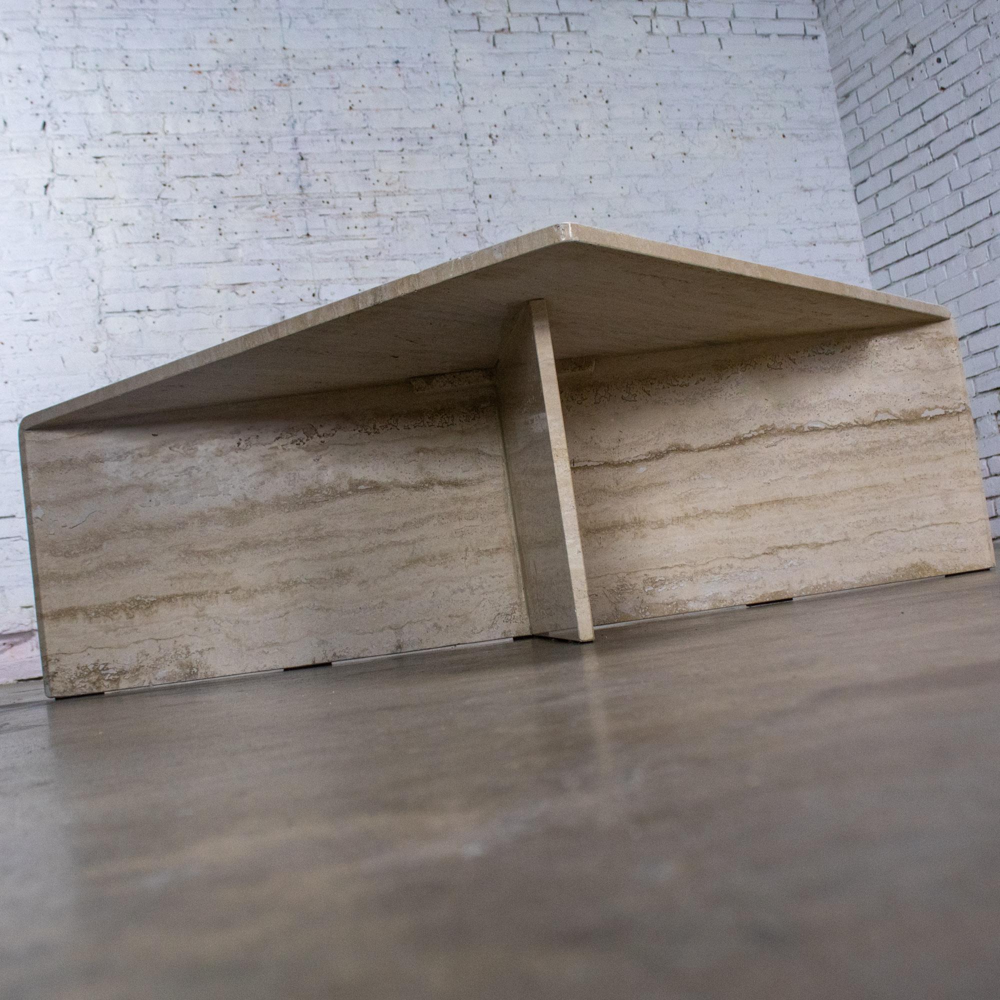 Modern to Postmodern Triangle Travertine Coffee or Cocktail Table Style Up & Up For Sale 7