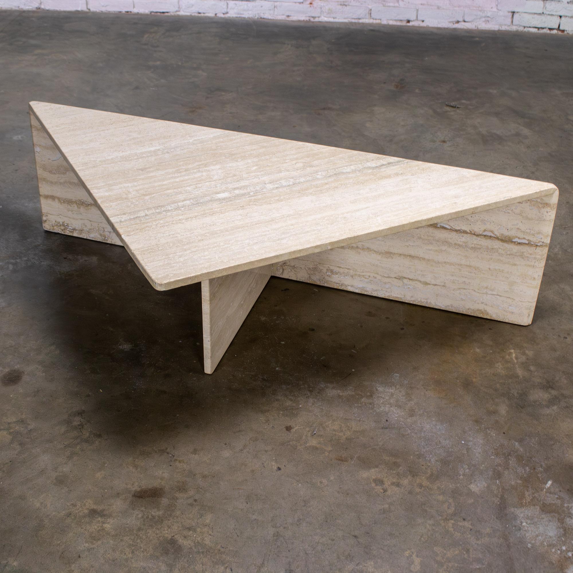 Modern to Postmodern Triangle Travertine Coffee or Cocktail Table Style Up & Up For Sale 9
