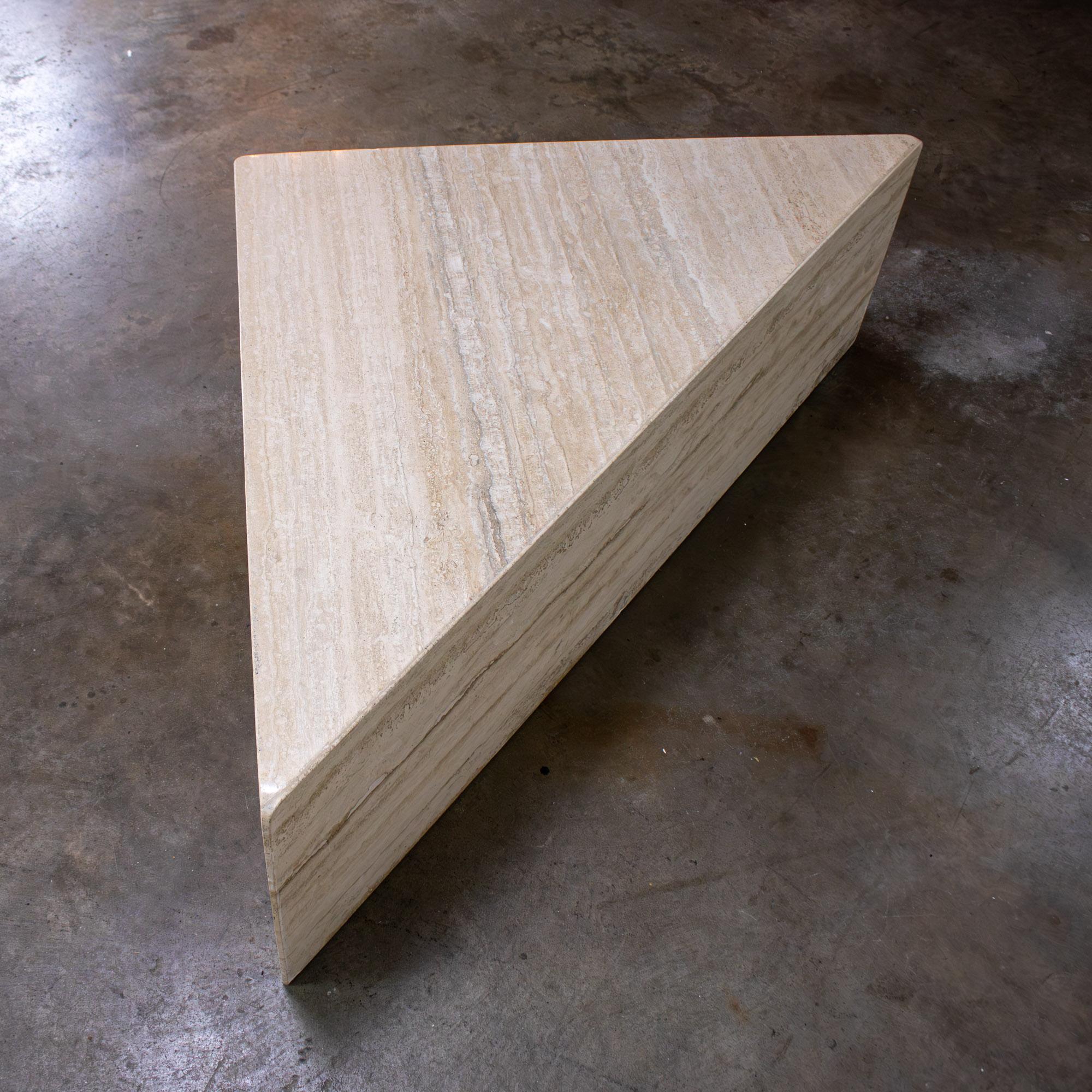 20th Century Modern to Postmodern Triangle Travertine Coffee or Cocktail Table Style Up & Up For Sale