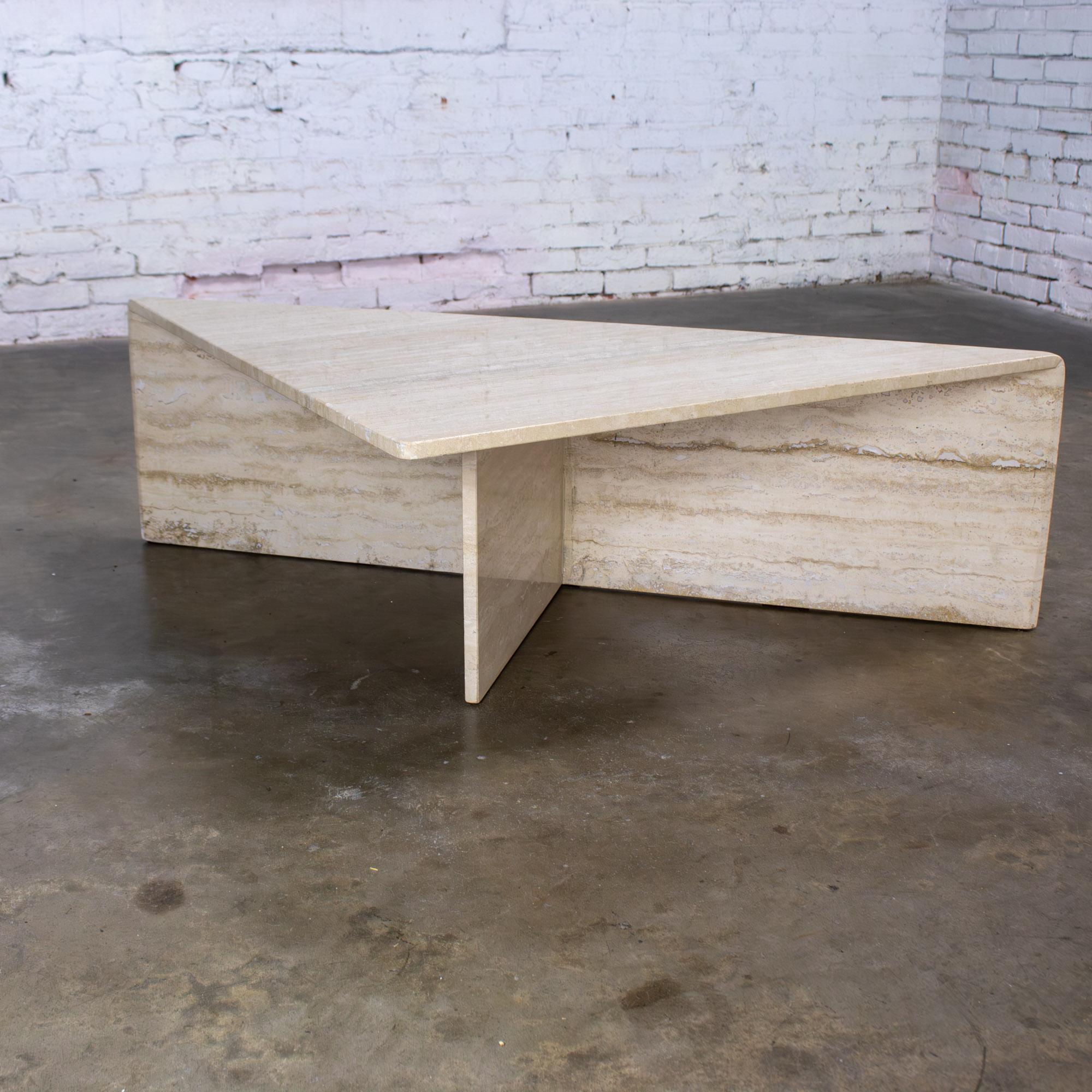 Modern to Postmodern Triangle Travertine Coffee or Cocktail Table Style Up & Up For Sale 1
