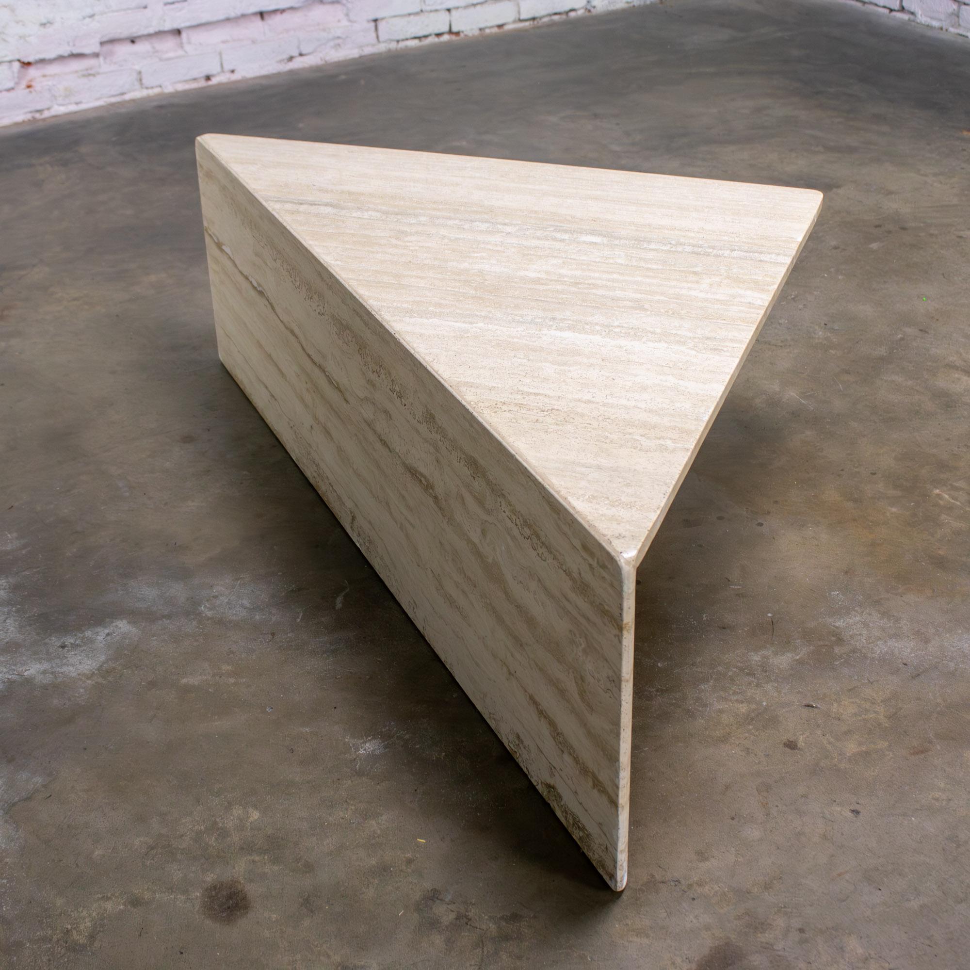Modern to Postmodern Triangle Travertine Coffee or Cocktail Table Style Up & Up For Sale 5