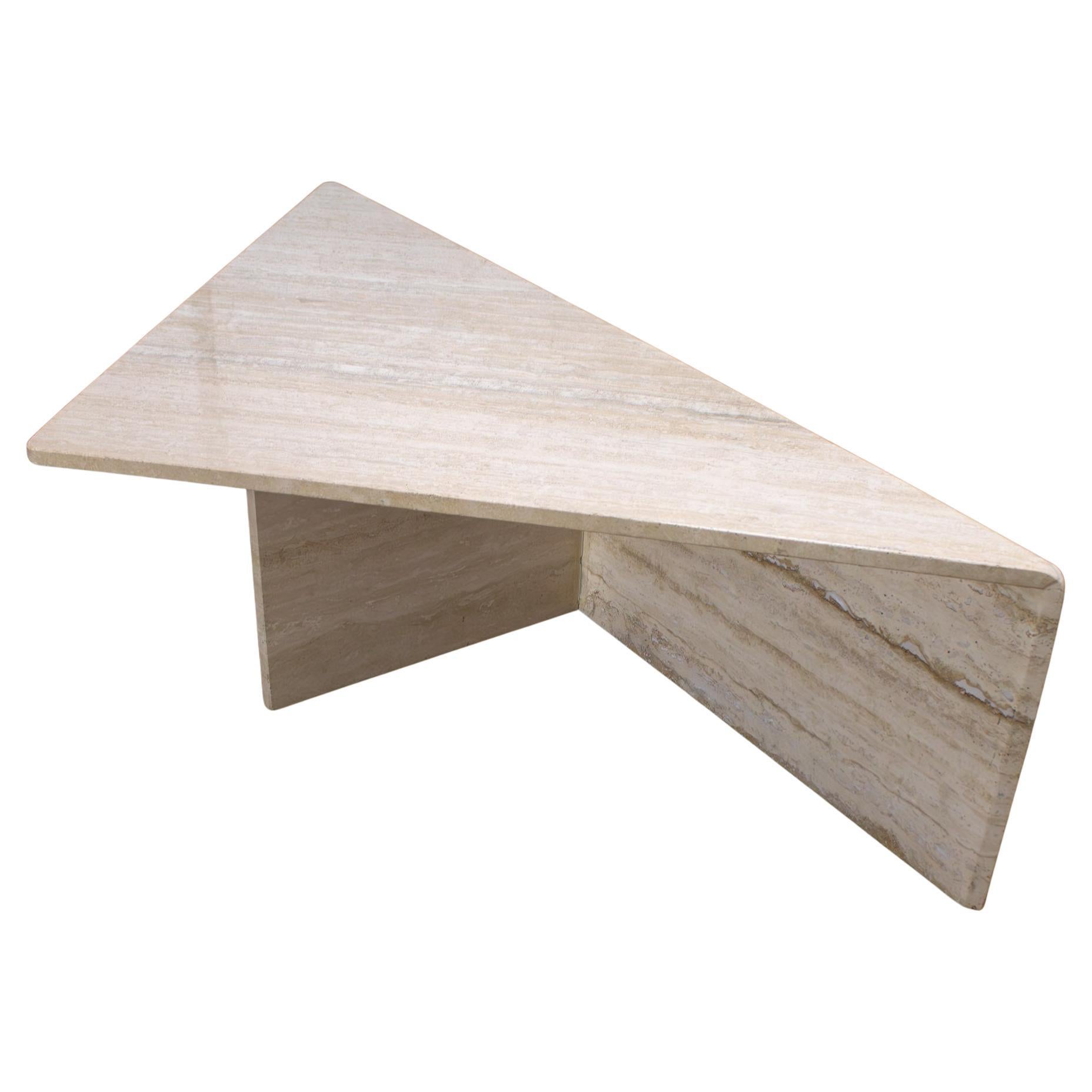 Modern to Postmodern Triangle Travertine Coffee or Cocktail Table Style Up & Up For Sale