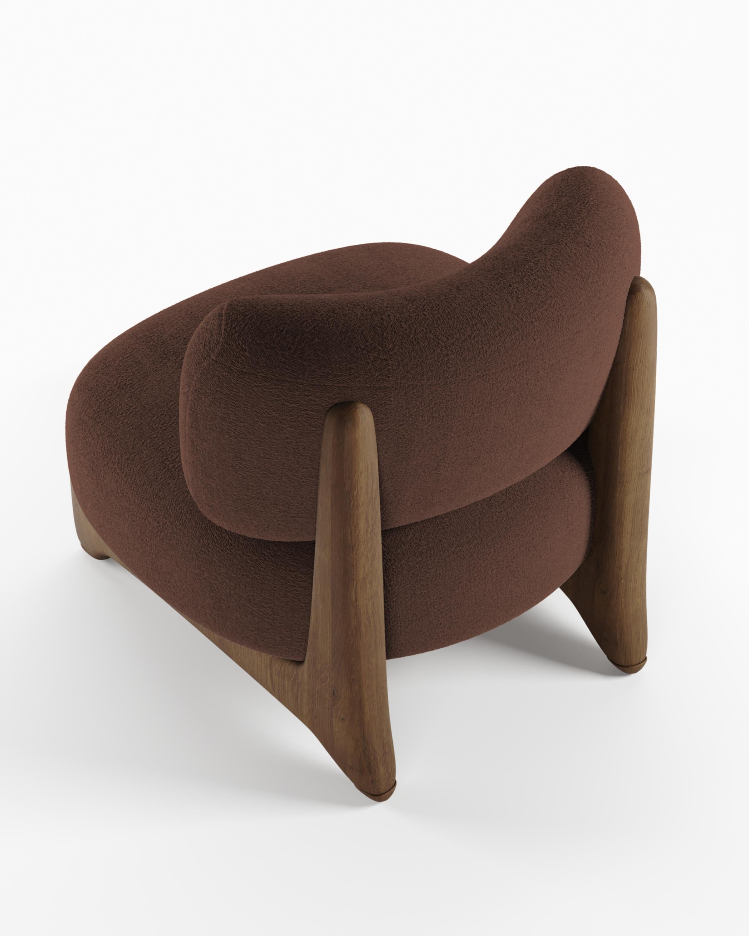 Contemporary Modern Tobo Armchair in Bouclé Dark Brown & Oak Wood by Collector Studio For Sale
