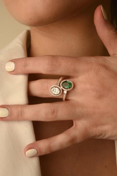 Modern Toi Et Moi Diamond and Emerald Ring in 18k Solid Yellow Gold