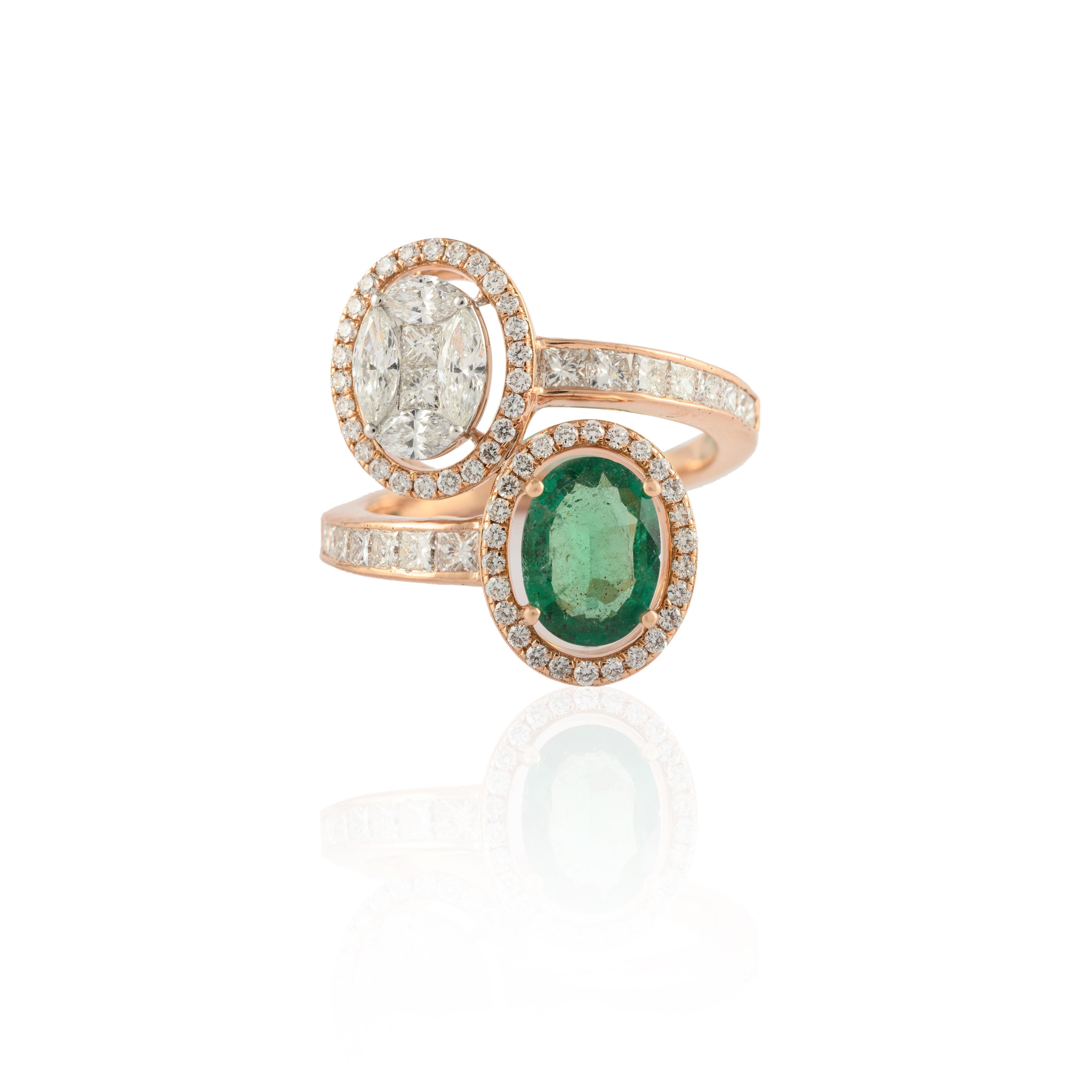 For Sale:  Modern Toi Et Moi Diamond and Emerald Ring in 18k Solid Yellow Gold 3