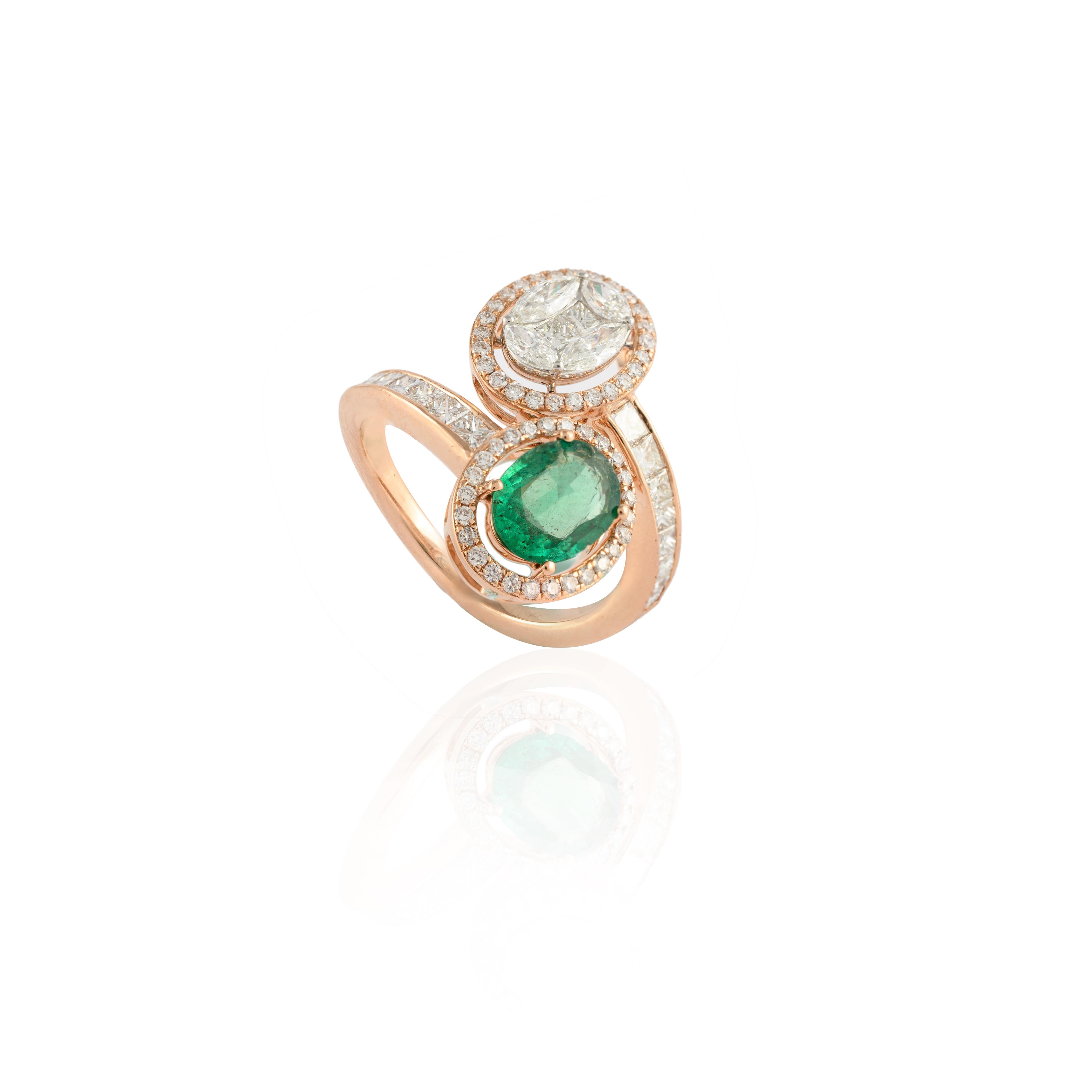 For Sale:  Modern Toi Et Moi Diamond and Emerald Ring in 18k Solid Yellow Gold 7