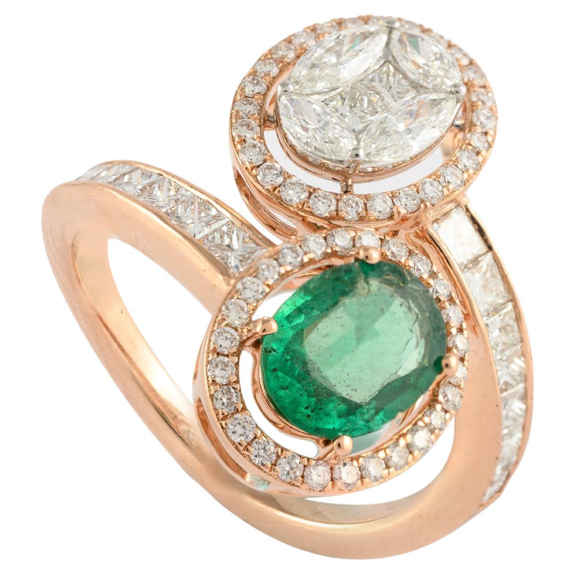 Moderner Toi Et Moi Diamant- und Smaragdring aus 18 Karat massivem Gelbgold