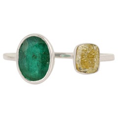 Modern Toi et Moi Emerald & Yellow Diamond Bypass Ring, 1.88ct in 18K White Gold