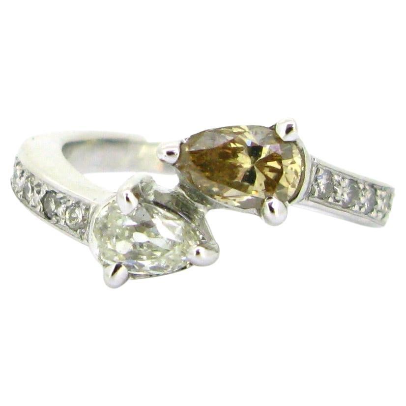 Modern Toi et Moi Pear Shape Diamonds Ring, 18kt White Gold, France
