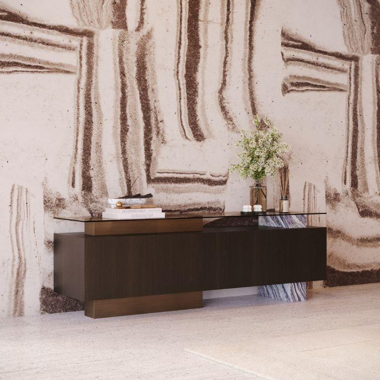 Moderne Buffet moderne Toro en chêne, laiton et dunes de Neolith au Colorado poli en vente